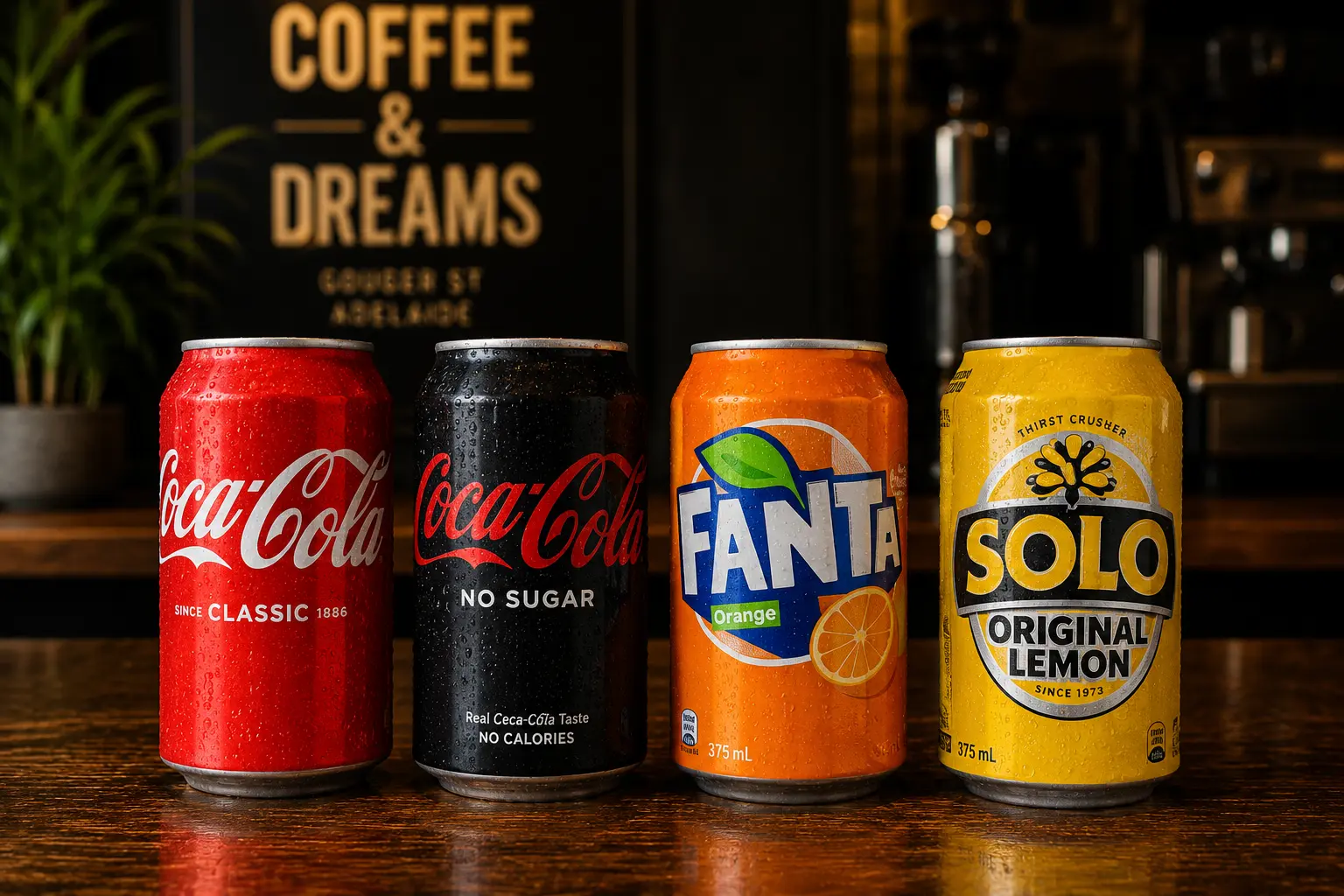 Chilled soft drink cans from Coffee & Dreams on Gouger St, Adelaide, available for pick-up or takeaway.