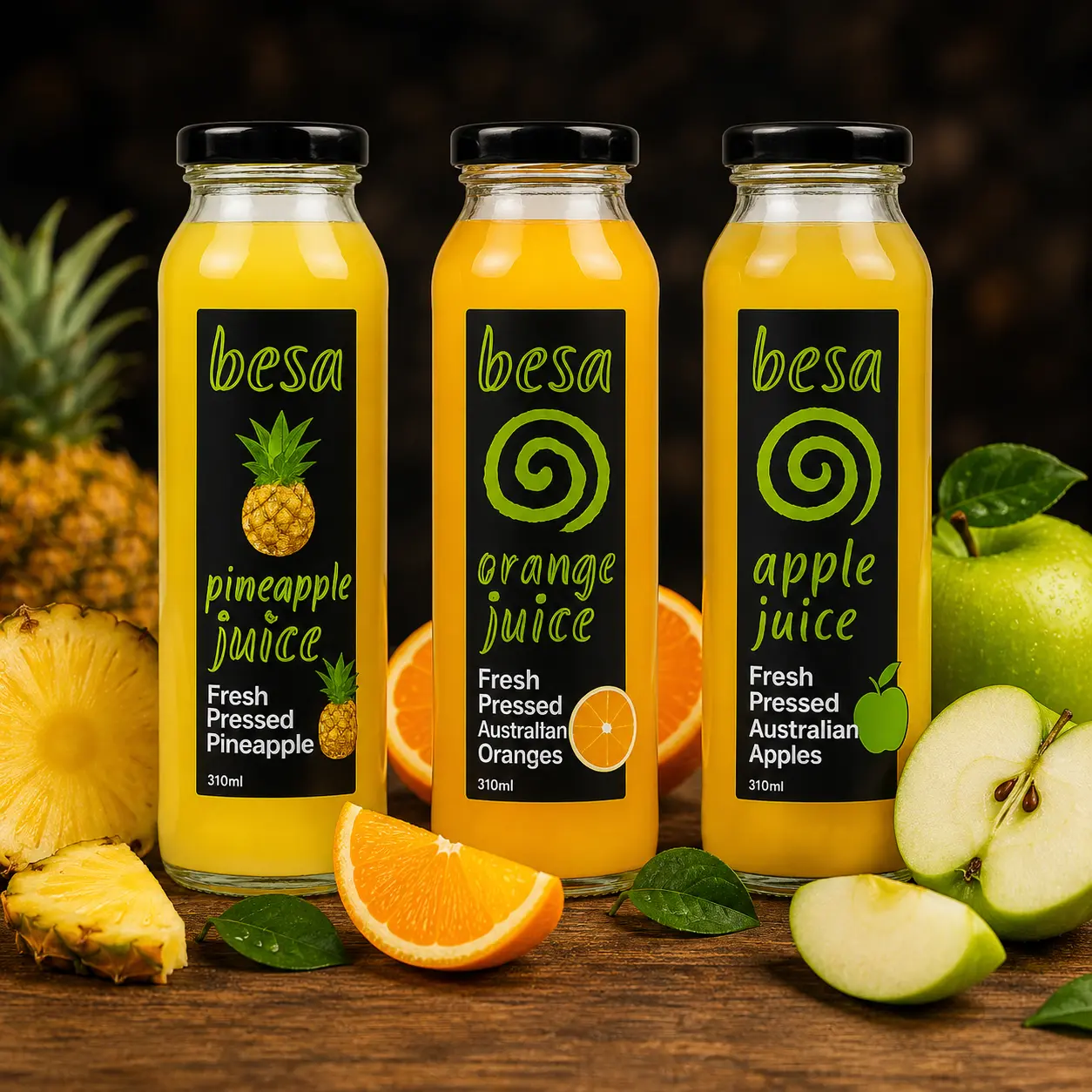 BESA bottled juices from Coffee & Dreams on Gouger St, Adelaide, available in orange, pineapple and apple flavours.
