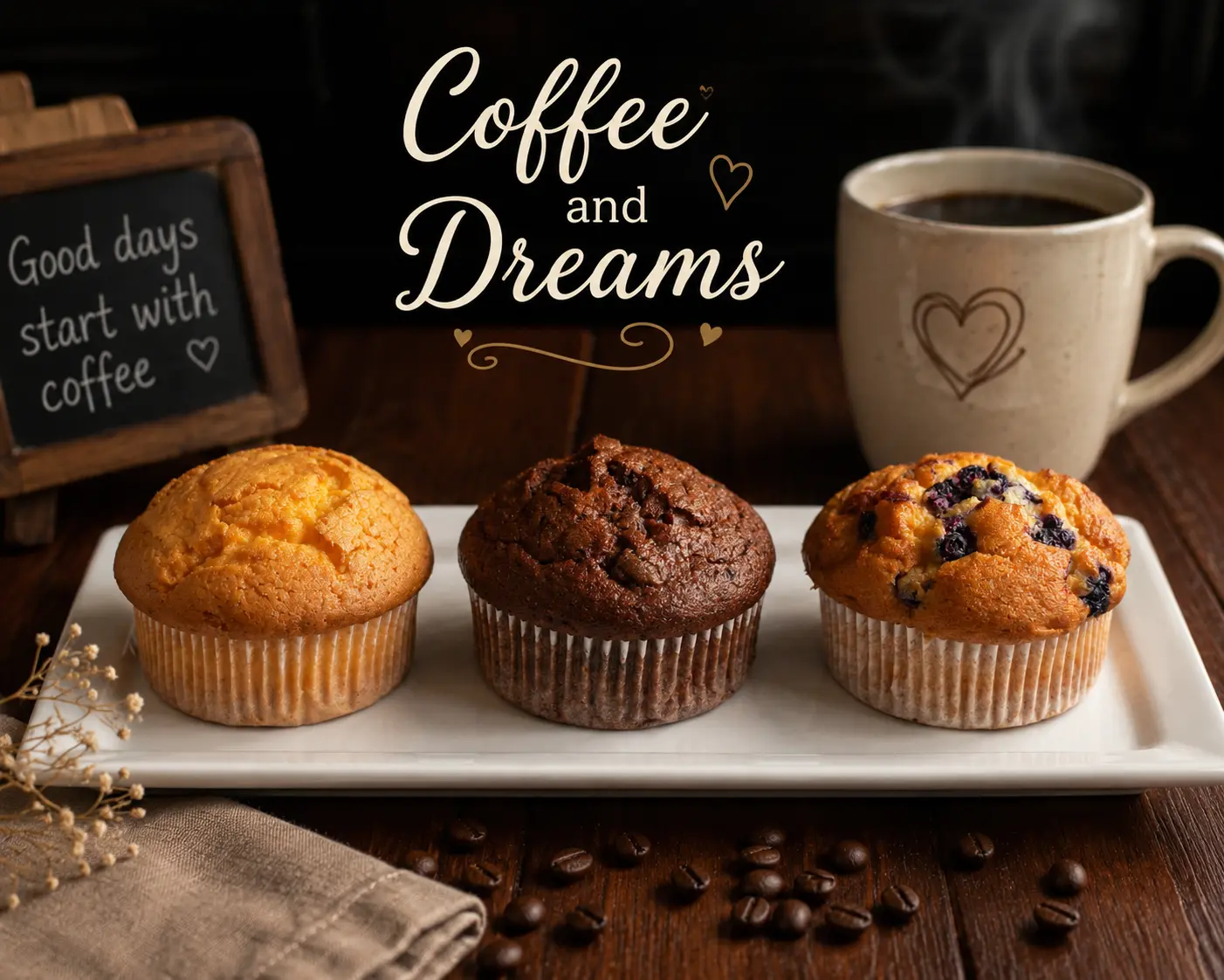 Muffins from Coffee & Dreams on Gouger St, Adelaide, available in blueberry and chocolate flavours.