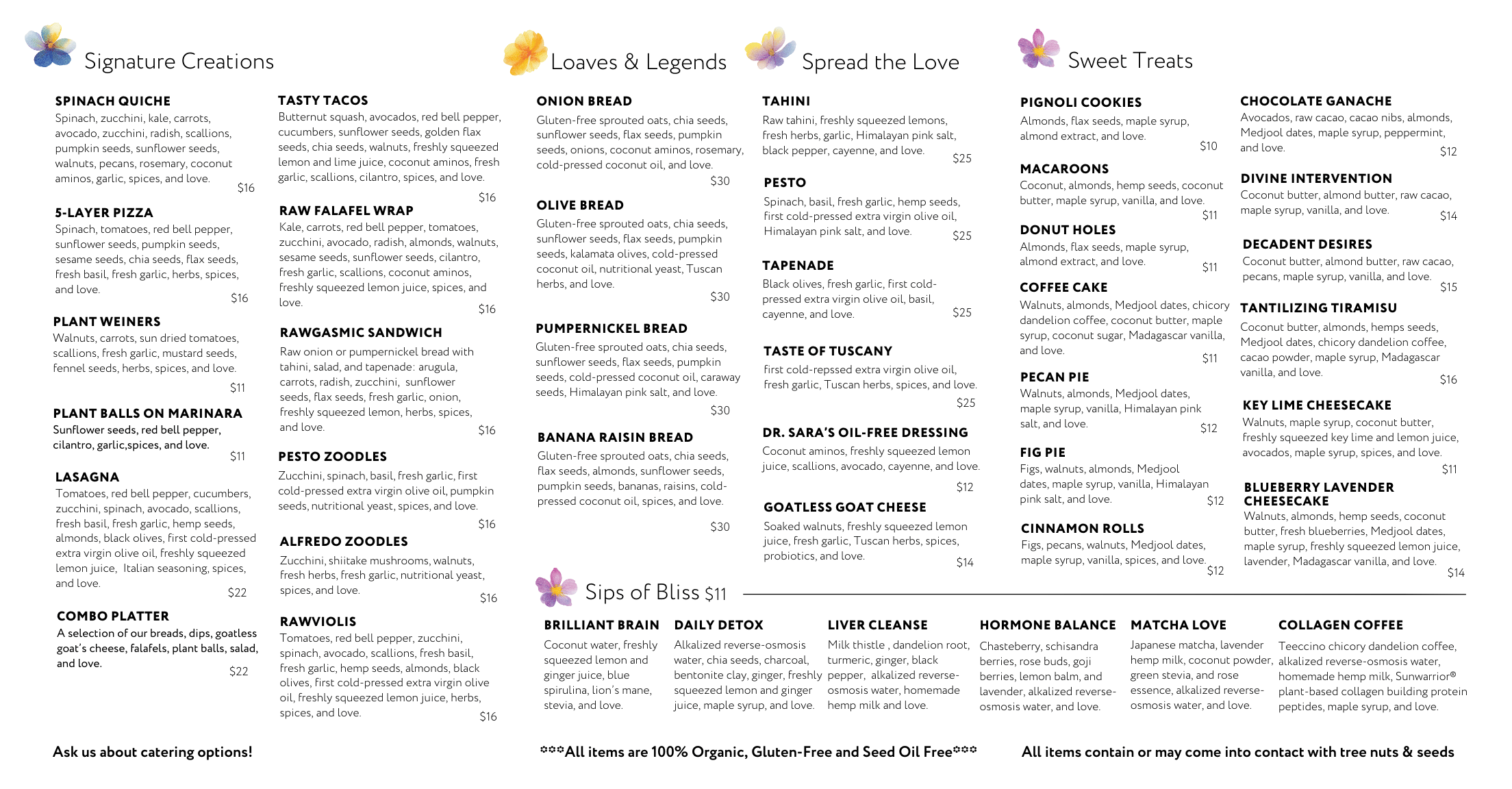 Conscious Kitchen menu featuring organic, gluten-free, seed oil-free plant-based dishes including quiche, tacos, raw falafel, sprouted breads, dips, desserts, and wellness elixirs.