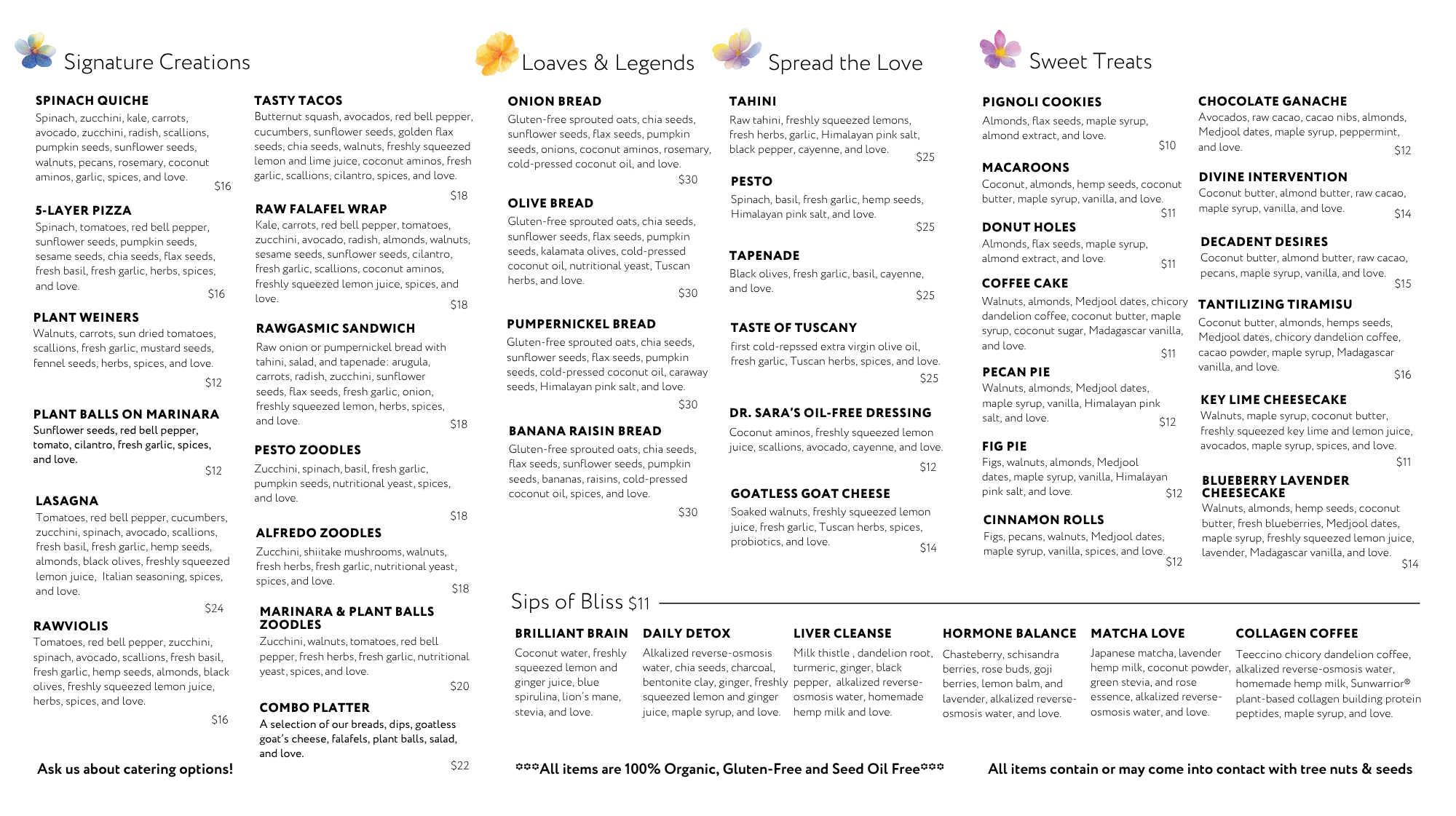 Conscious Kitchen menu featuring organic, gluten-free, seed oil-free plant-based dishes including quiche, tacos, raw falafel, sprouted breads, dips, desserts, and wellness elixirs.