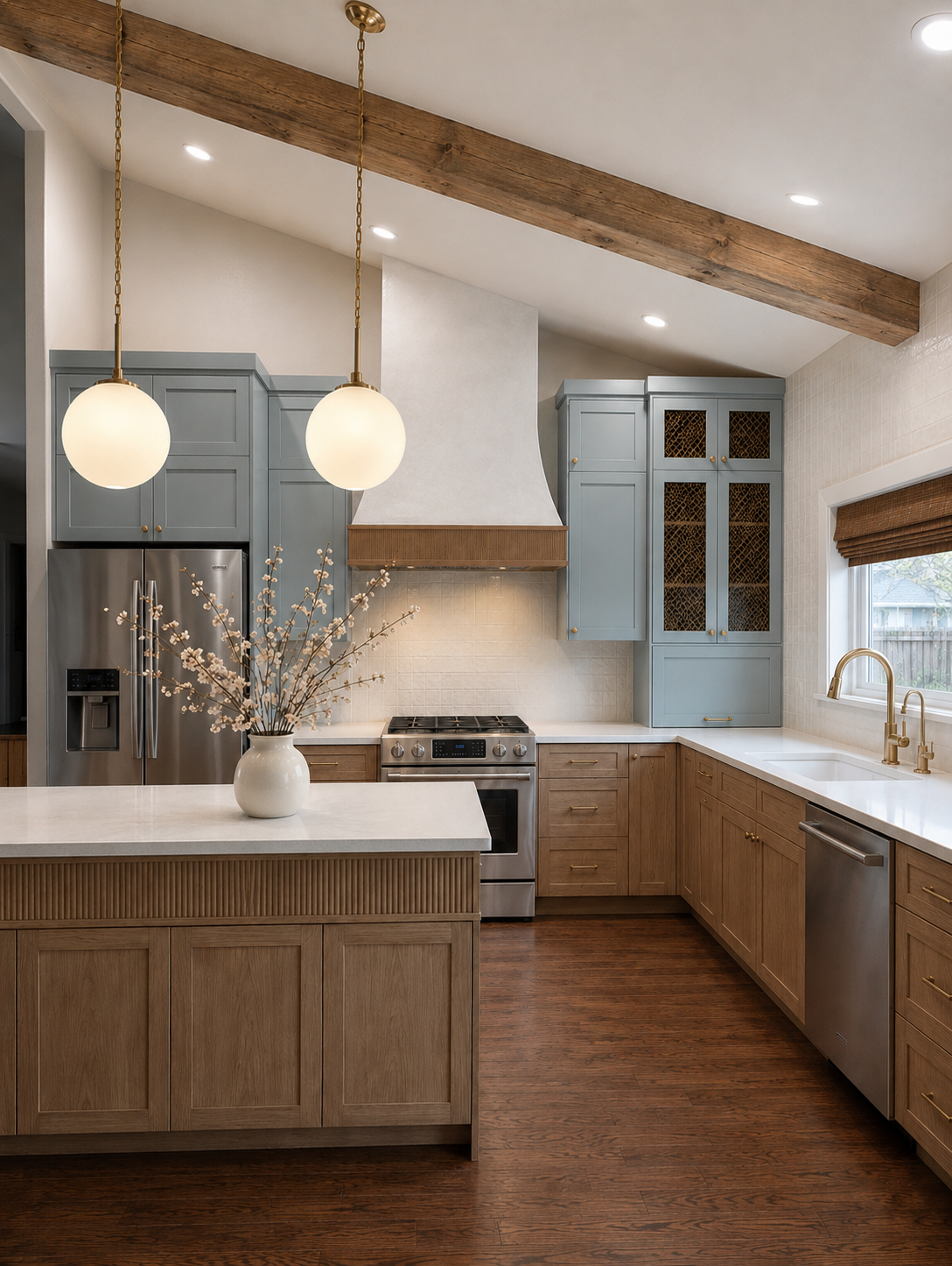 The Kitchen: Niebla Azul, white oak, brass and concrete
