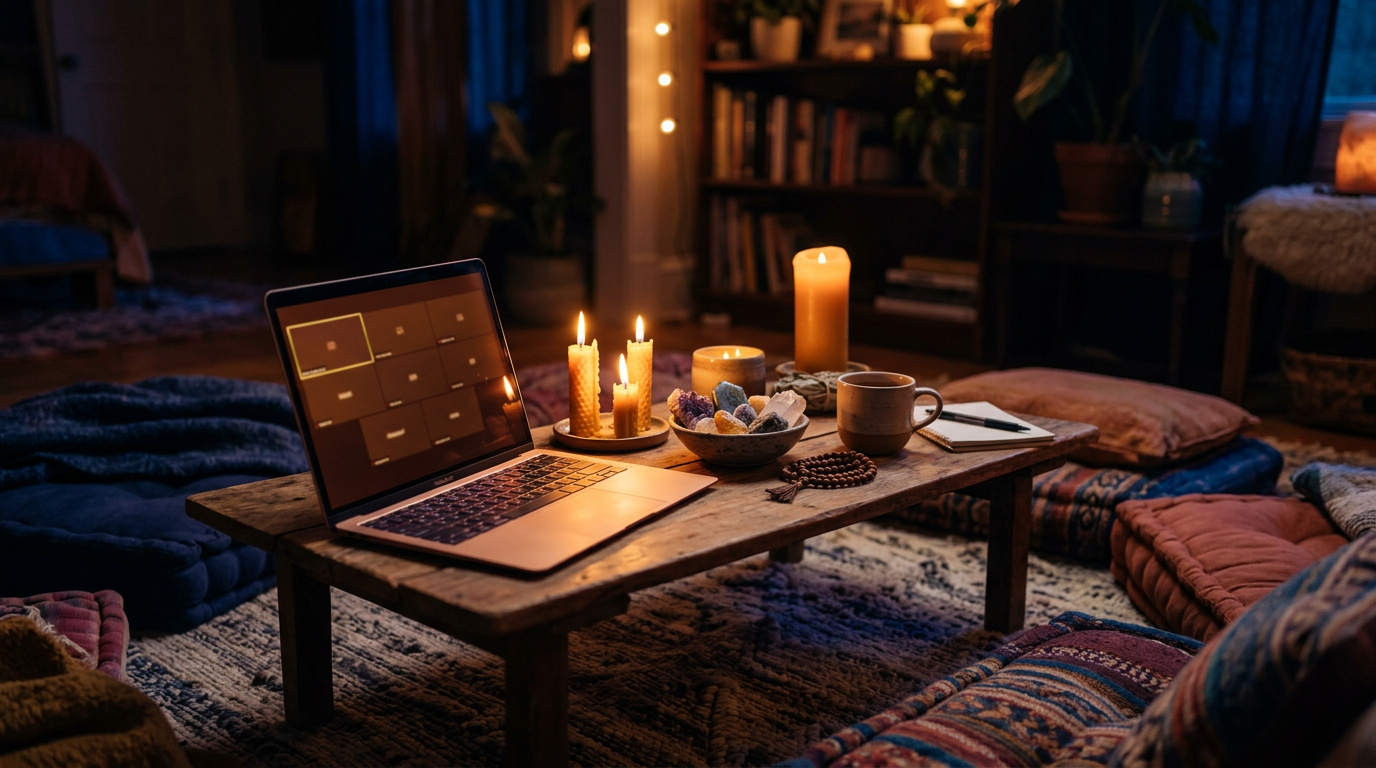 A candlelit room with a laptop, floor cushions and a bowl of crystals, set up for an evening online gathering