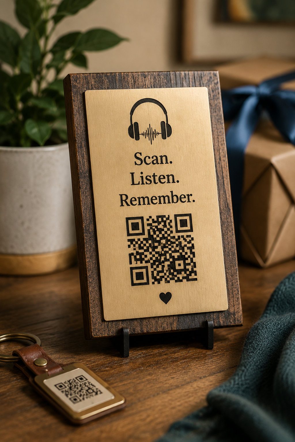 Custom wooden plaque featuring a Talking QR Code and audio message