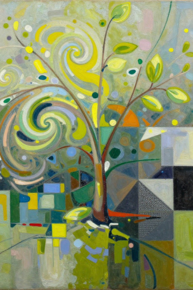 A surreal image of a tree growing out an apple with geometric patterns surrounding it 