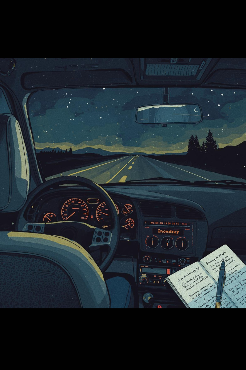 a graphic for Jonathan Shepards Poetry corner article. the graphic is of the inside of a car at night with a notebook