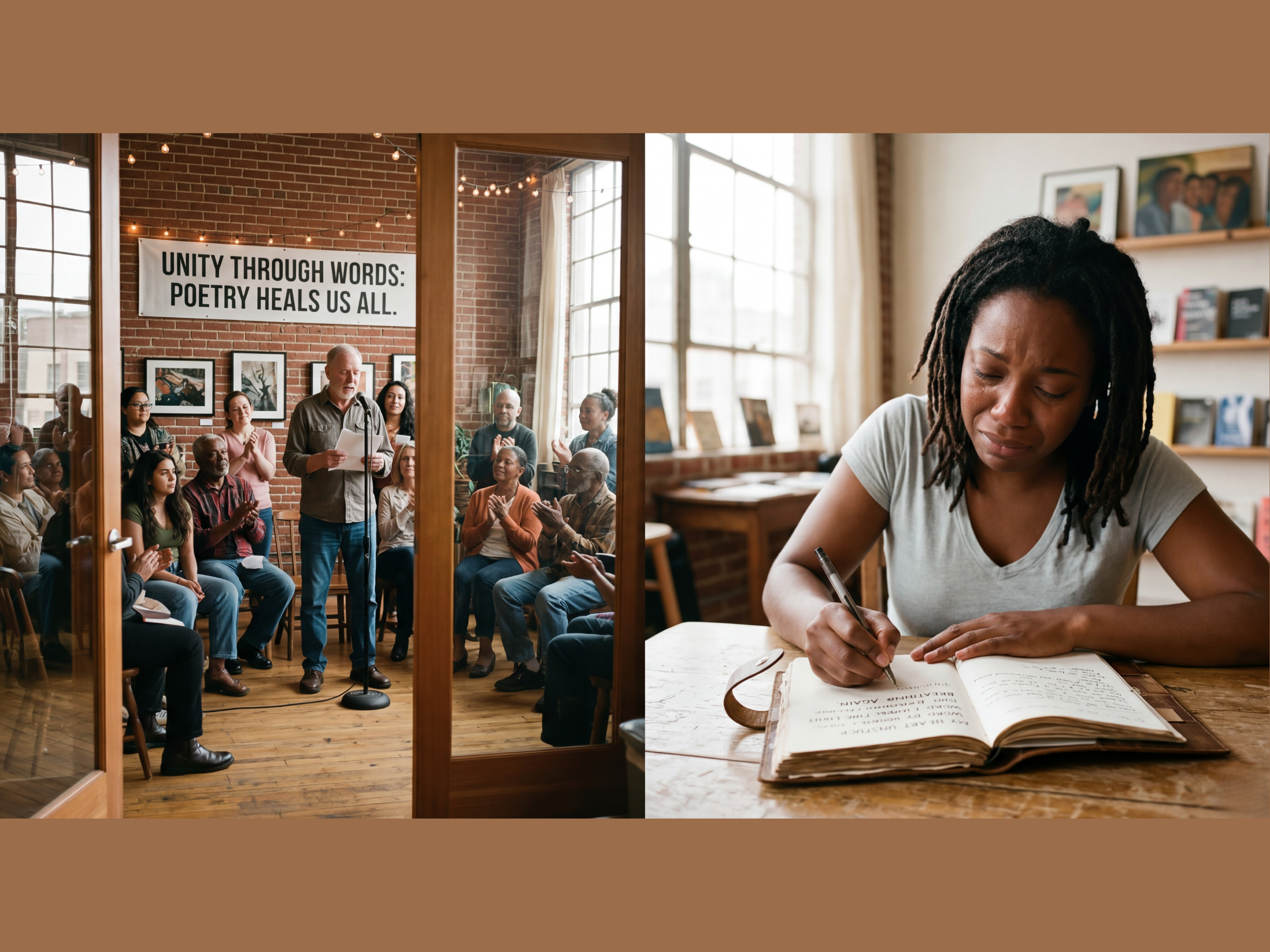 graphic of a poet speaking to a crowd and another poet writing while crying
