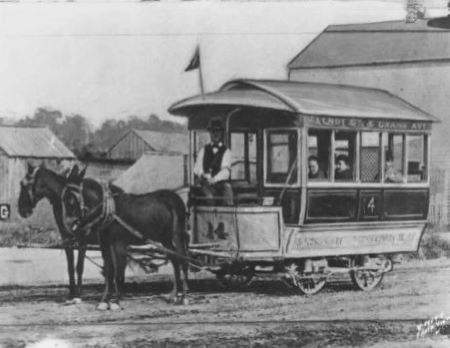 Illustration of a KC streetcar being drawn by horses Illustration of a KC streetcar being drawn by horses