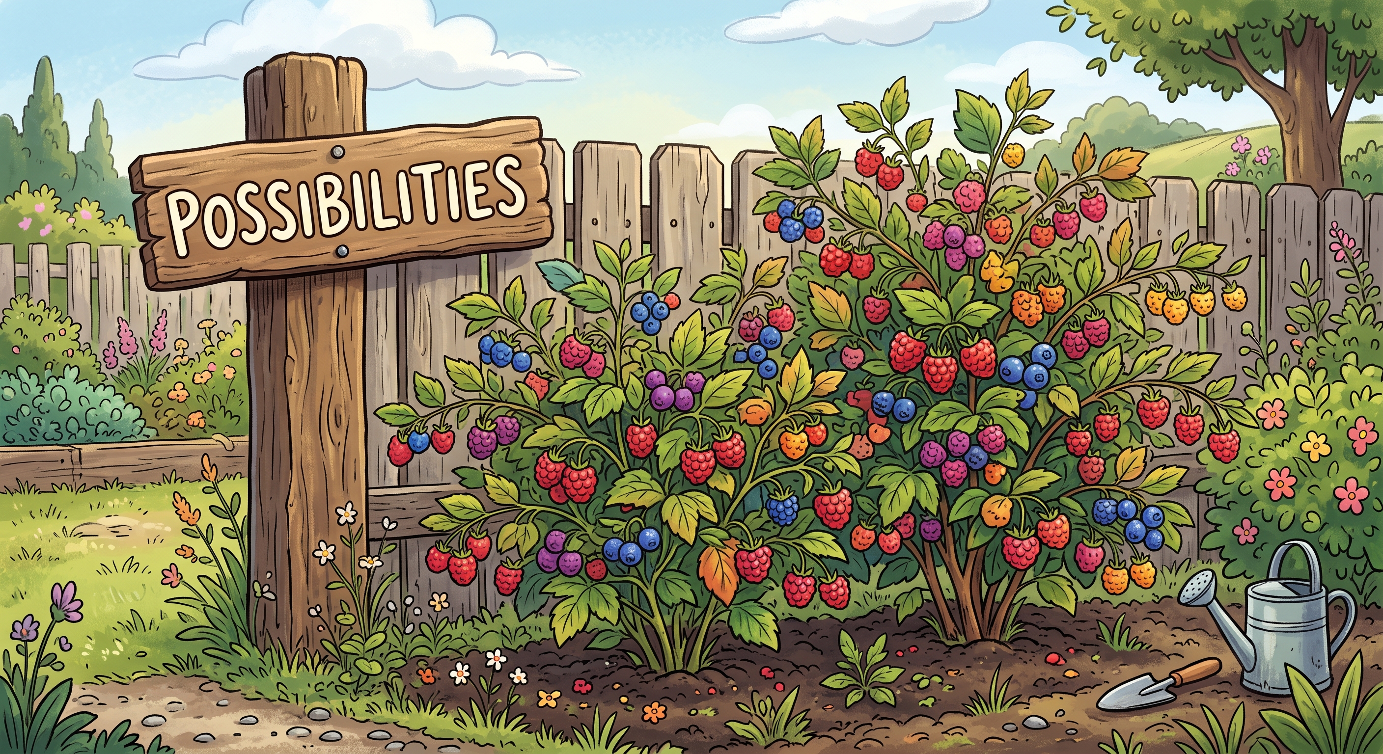 A bright berry bush growing in the corner of a garden with a big sign on a post next to it labeled "possibilities" A bright berry bush growing in the corner of a garden with a big sign on a post next to it labeled "possibilities"