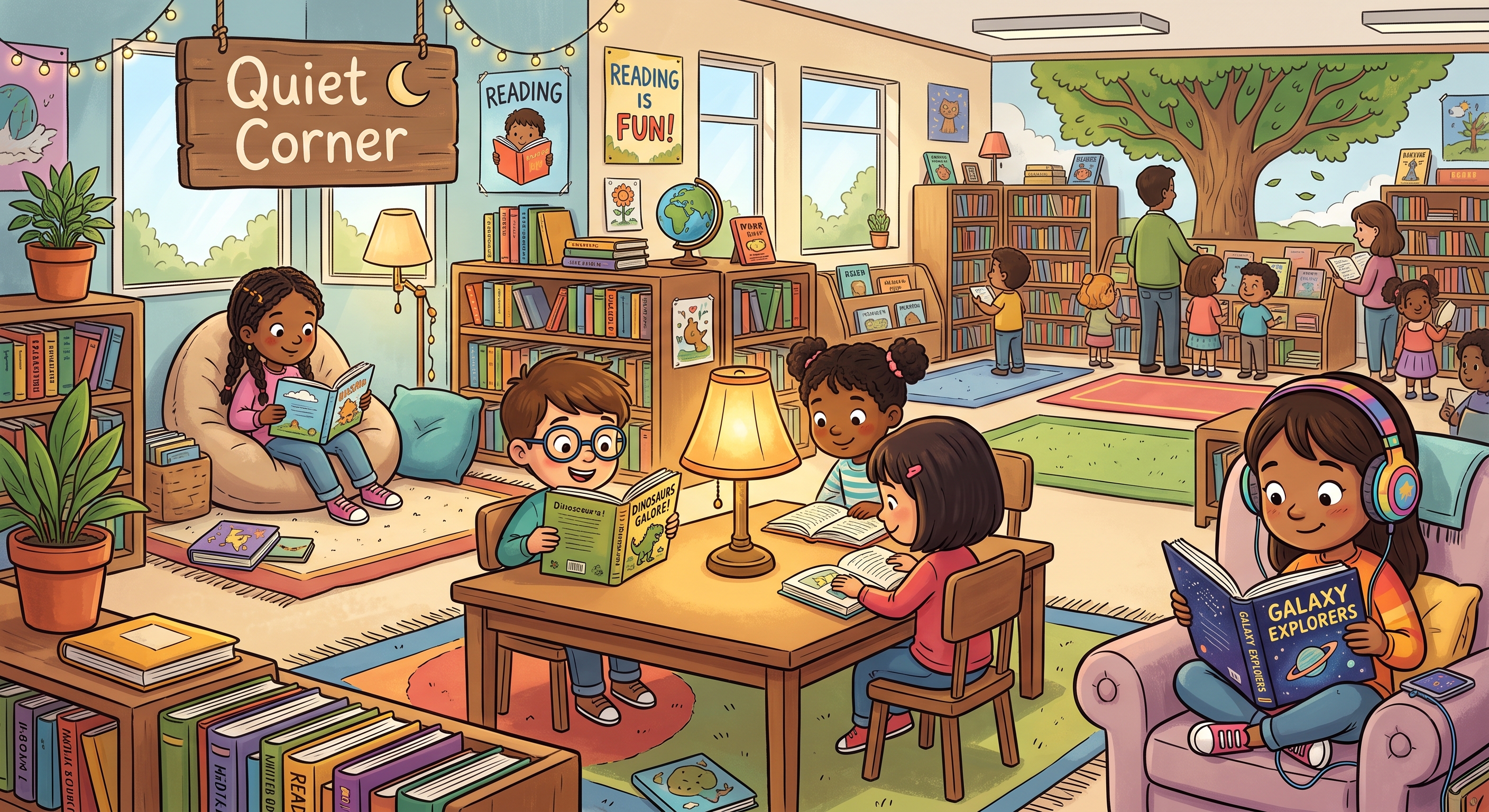 Children reading in a library, one next to a corner that says "quiet corner" on a sign over head, some children reading at a table in the middle, and yet another reading with headphones on, in their own unique ways Children reading in a library, one next to a corner that says "quiet corner" on a sign over head, some children reading at a table in the middle, and yet another reading with headphones on, in their own unique ways