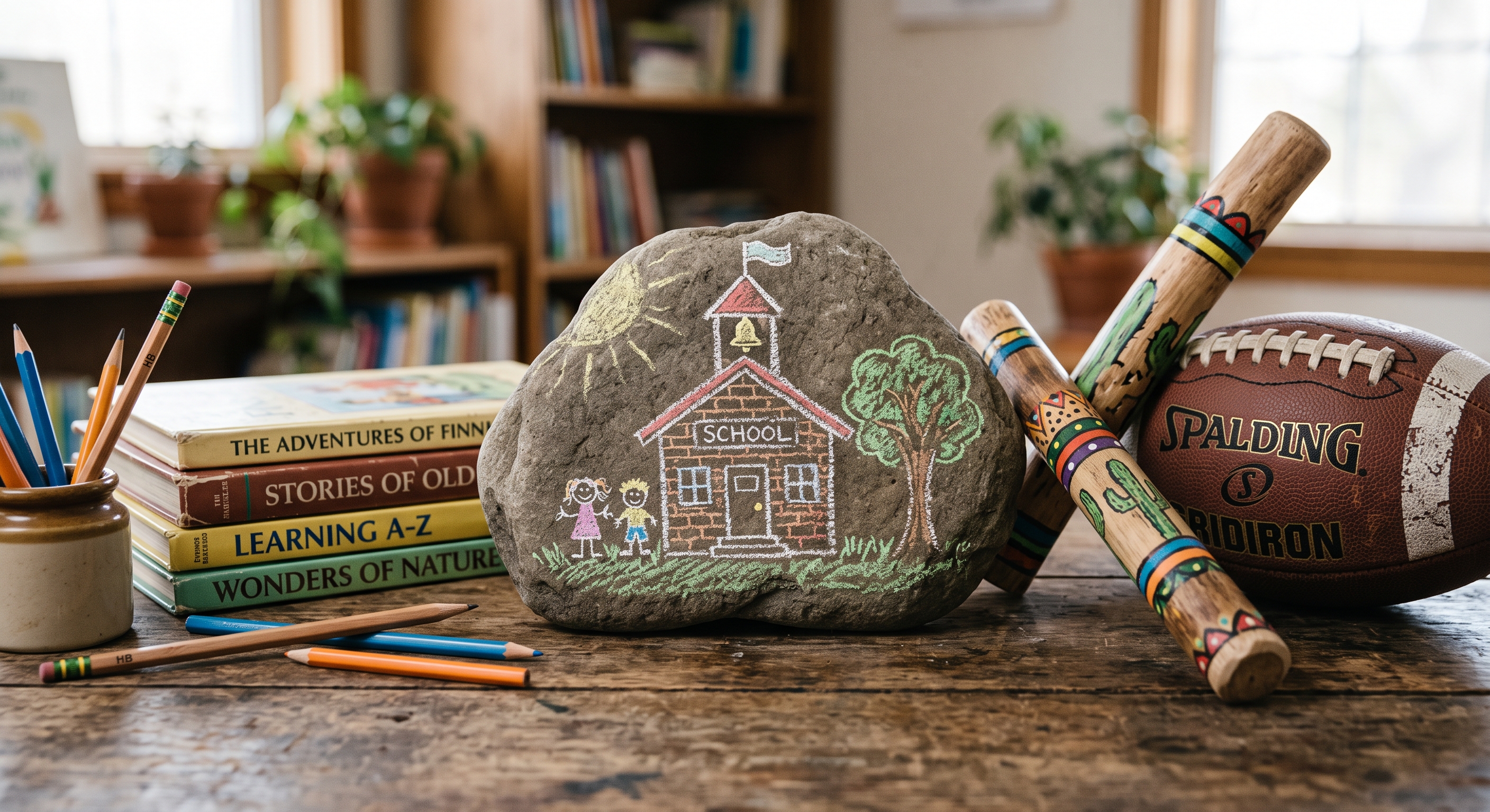 a stone with a school drawn on it with chalk surrounded by everyday items found in schools: books, pencils, a football, and a rain stick