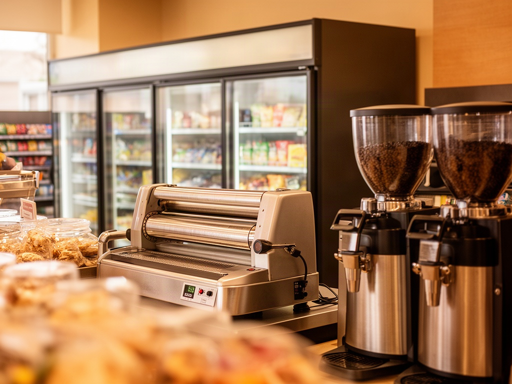 A modern convenience store foodservice counter with fresh coffee and grab-and-go