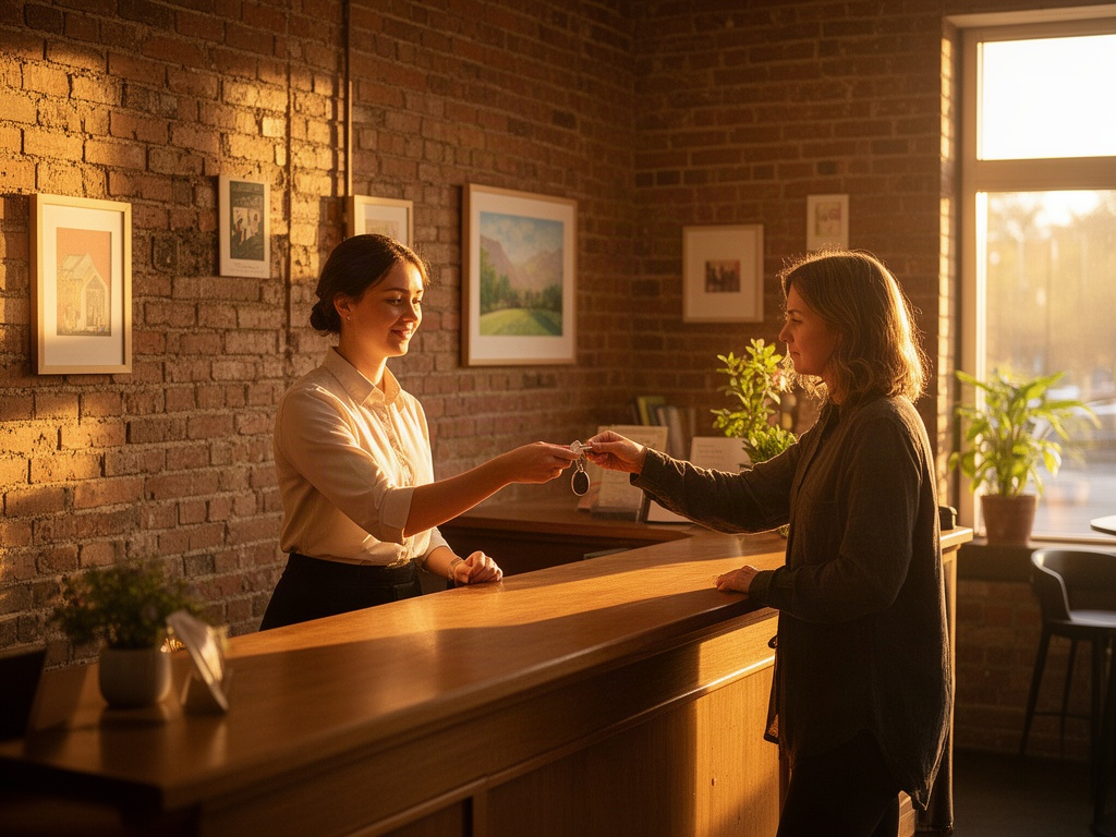 A warm, sunlit lobby of a small independent boutique hotel