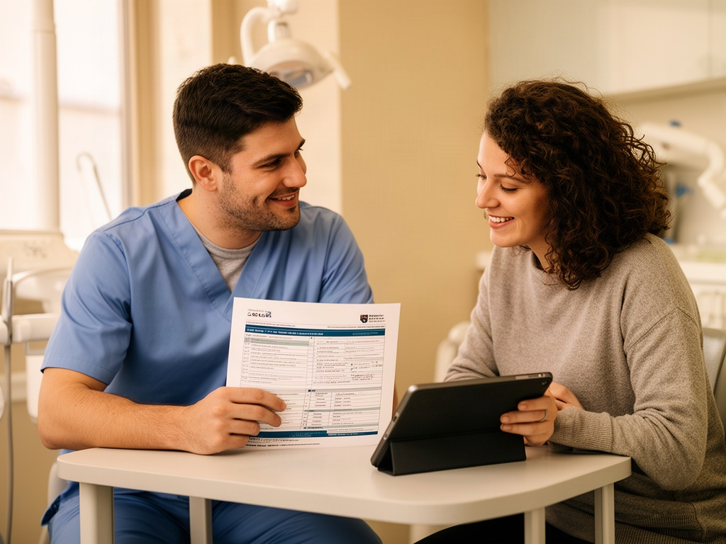 A dentist and patient reviewing a treatment plan together at a consultation desk