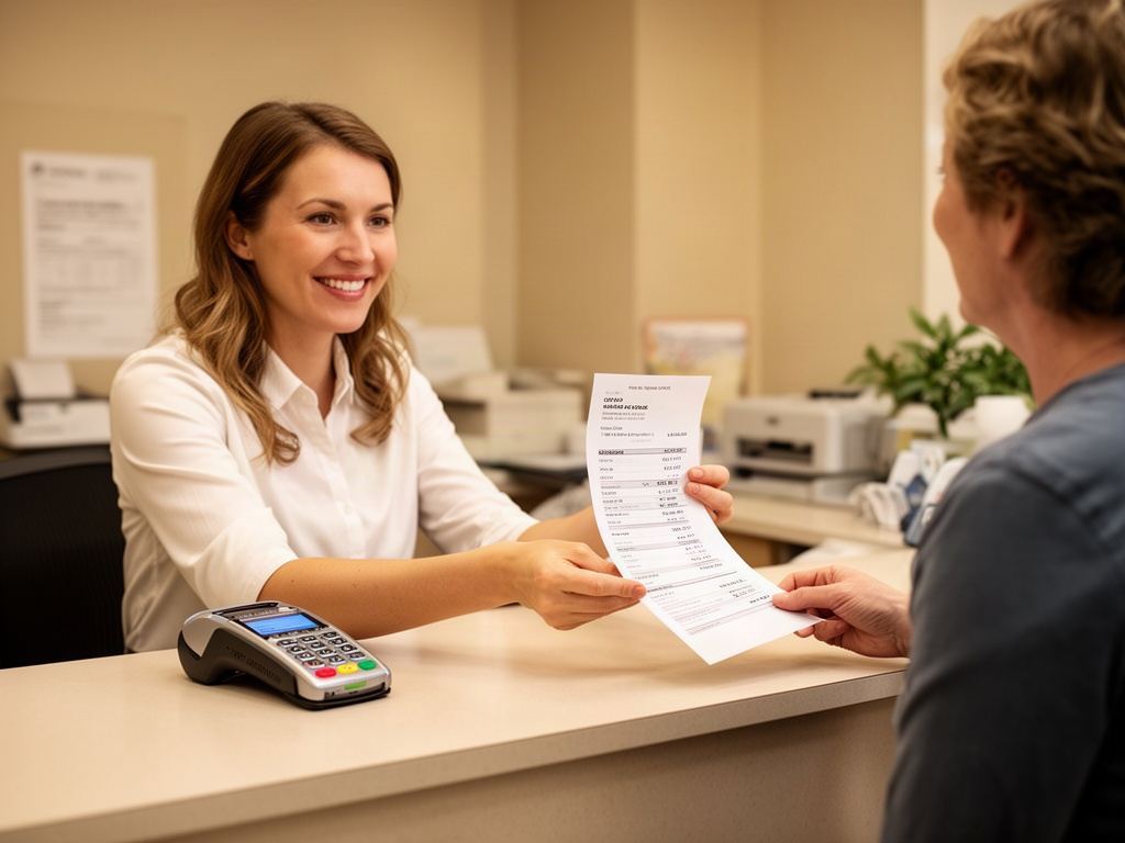 A medical practice front desk handing a patient a cost estimate