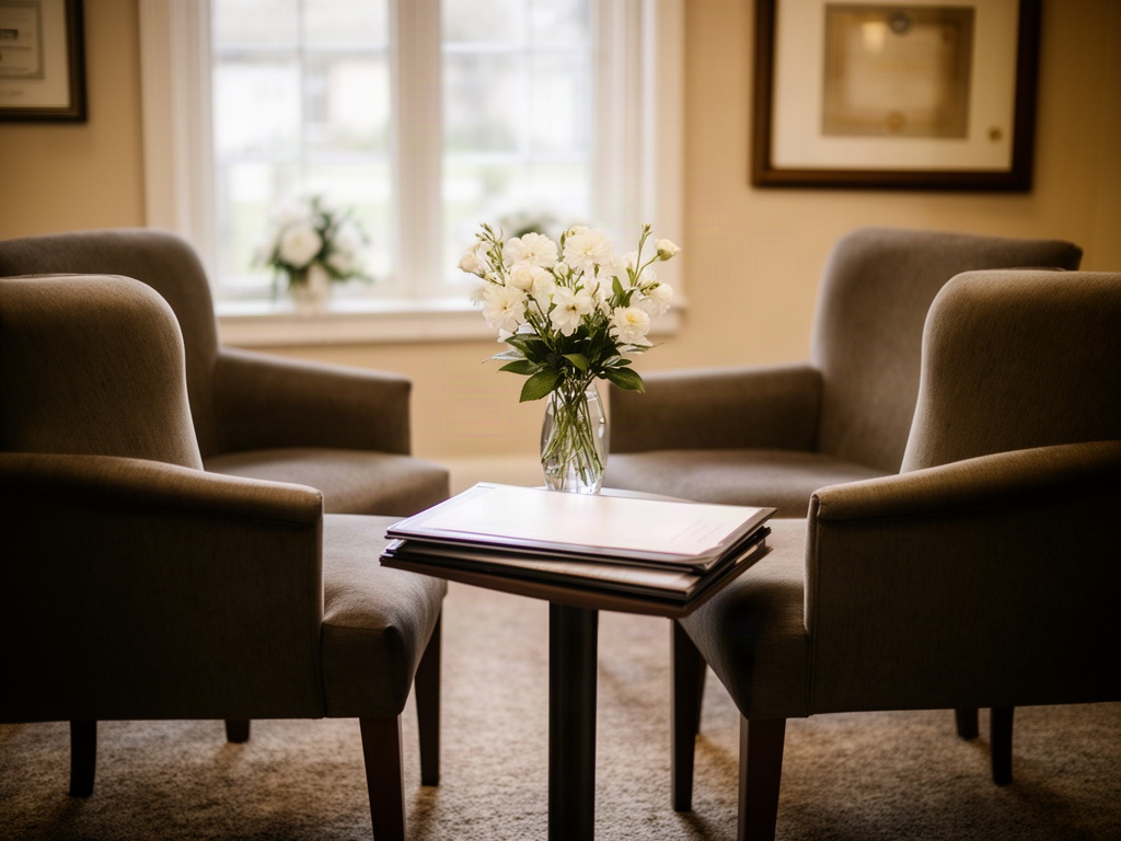 A calm, dignified funeral home arrangement office