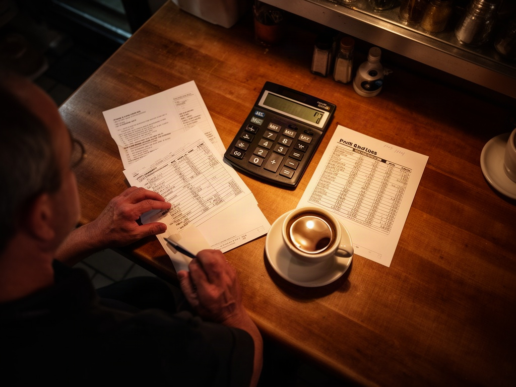 A restaurant owner reviewing a profit-and-loss sheet after close