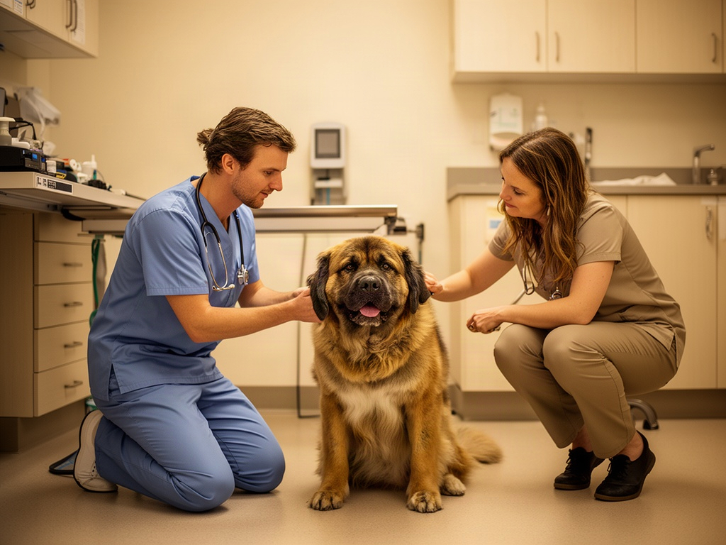 A veterinarian kneeling beside a dog and its owner in an exam room