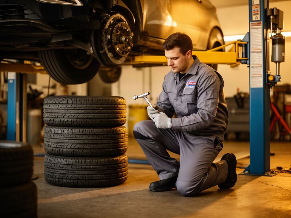 Tire technician servicing a lifted vehicle in a clean shop