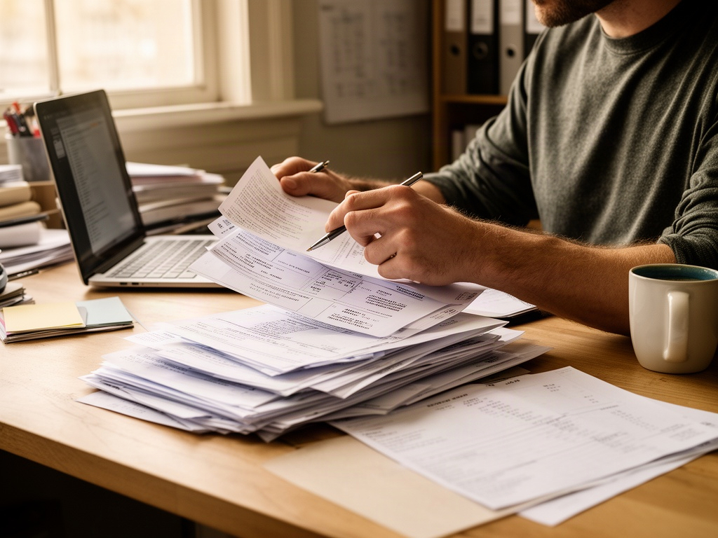 A small business owner going through statements and invoices at a back-office desk