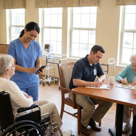 Caregivers attending to patients in senior living