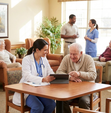 Caregivers tending to patients in senior living
