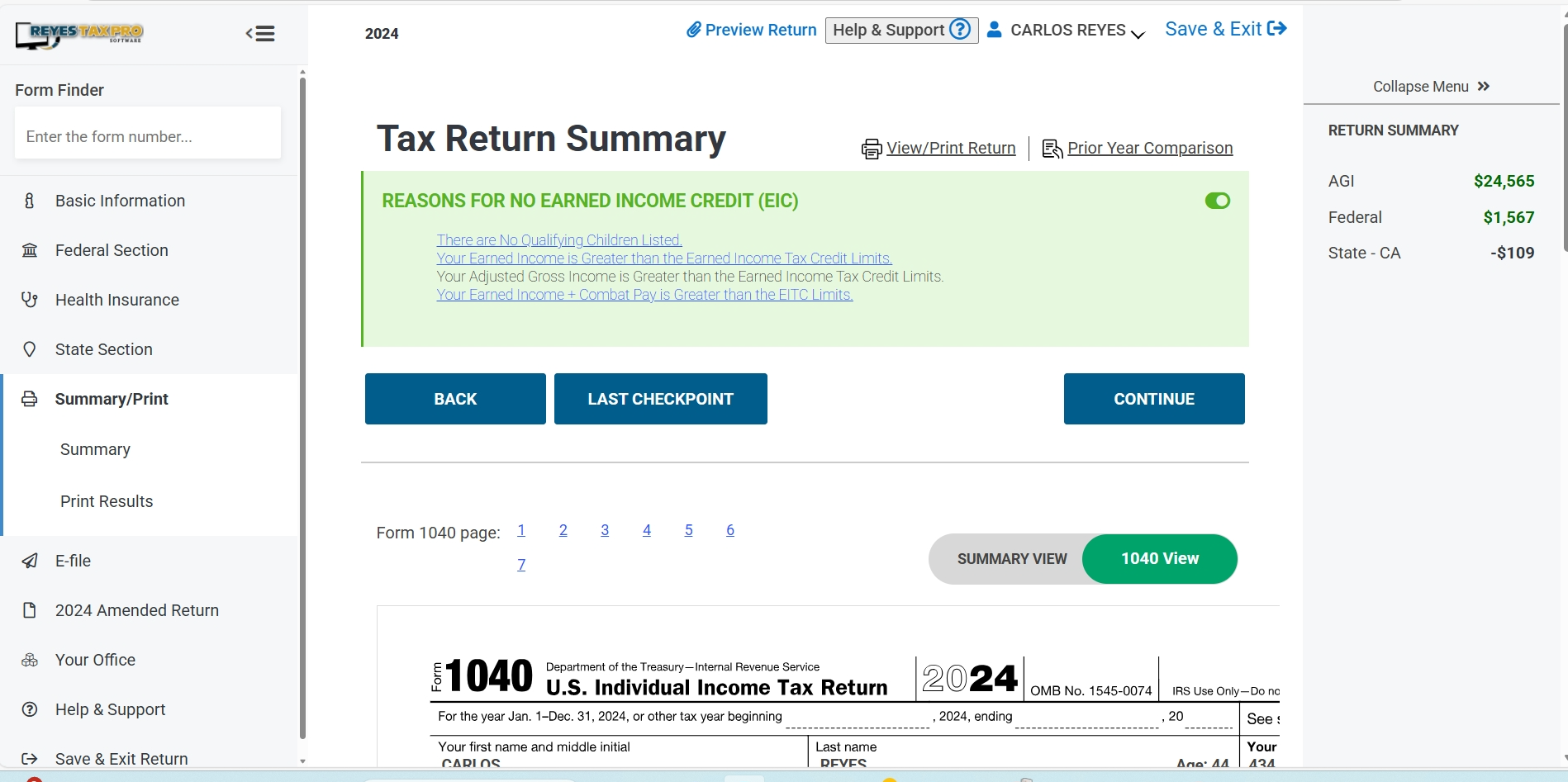 Reyes Tax Pro Web software screen