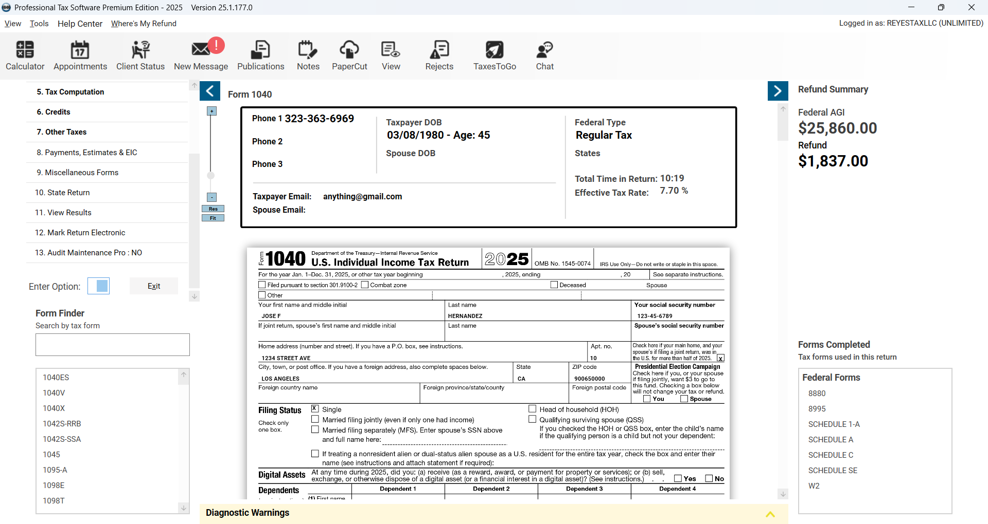 Reyes Tax Pro Desktop software screen