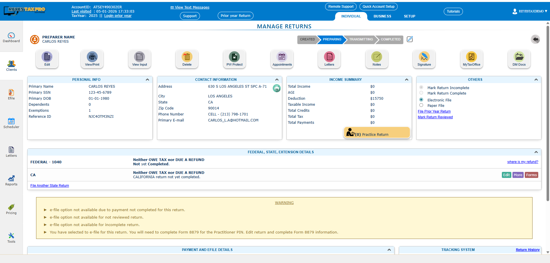 Reyes Tax Pro Premium (OLT) software screen