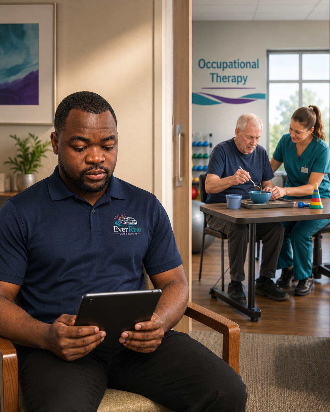 EverRise Care Solutions driver waiting while a rider attends an occupational therapy rehabilitation session