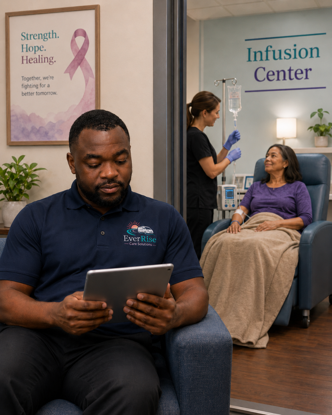 EverRise Care Solutions driver waiting at an infusion center while a rider receives treatment