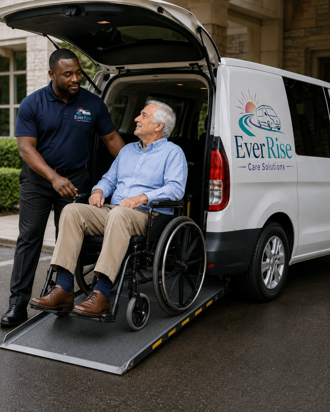 EverRise Care Solutions driver helping a rider in a wheelchair onto the ramp of a wheelchair-accessible non-emergency medical transportation van in Fort Worth