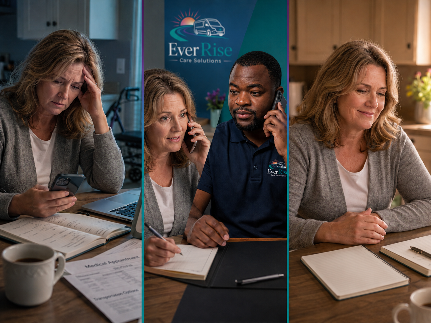 A worried family caregiver researching transportation, then speaking with EverRise Care Solutions, then relieved after the appointment is handled