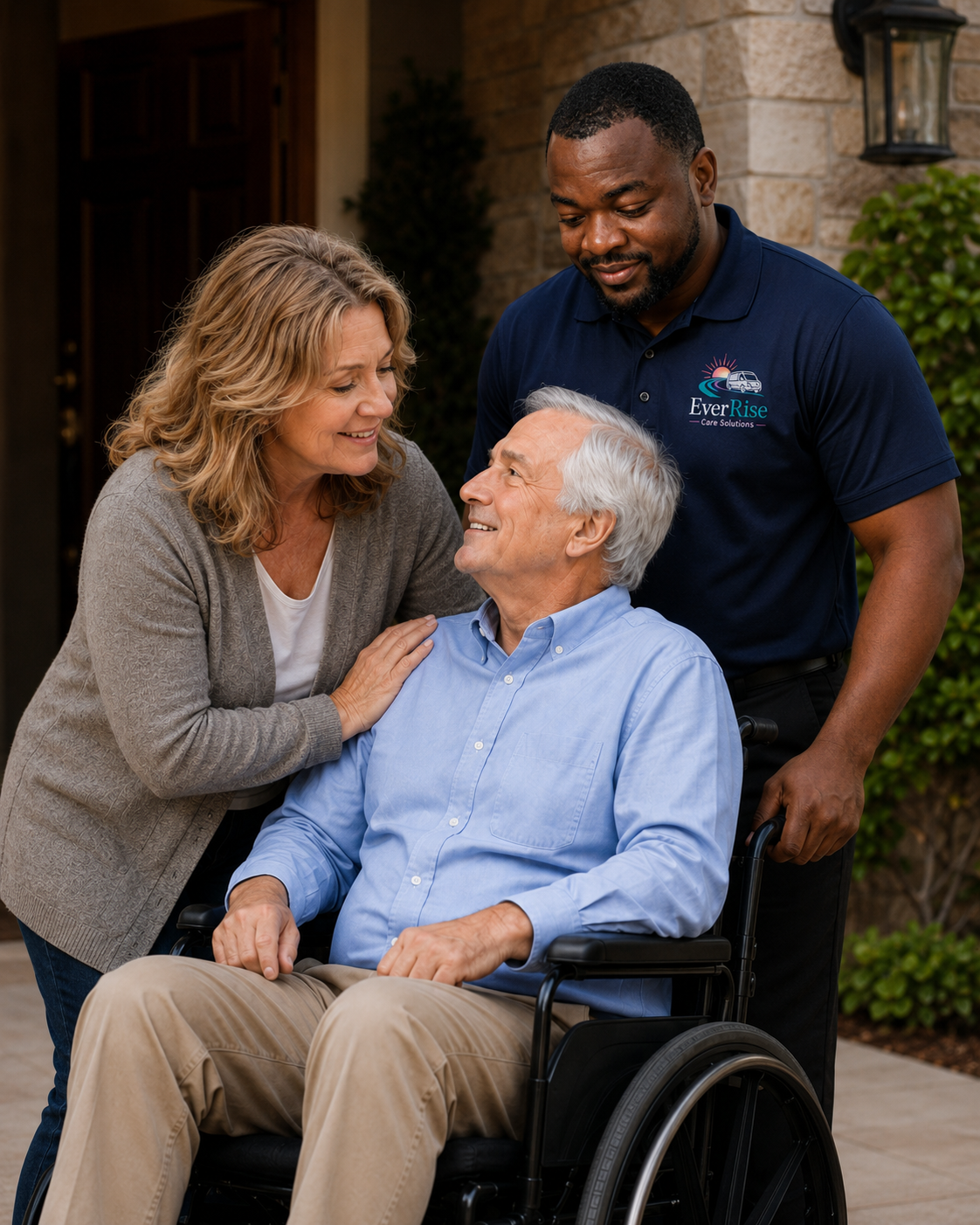 An EverRise Care Solutions driver with a smiling rider in a wheelchair and a family member at the front door of a home