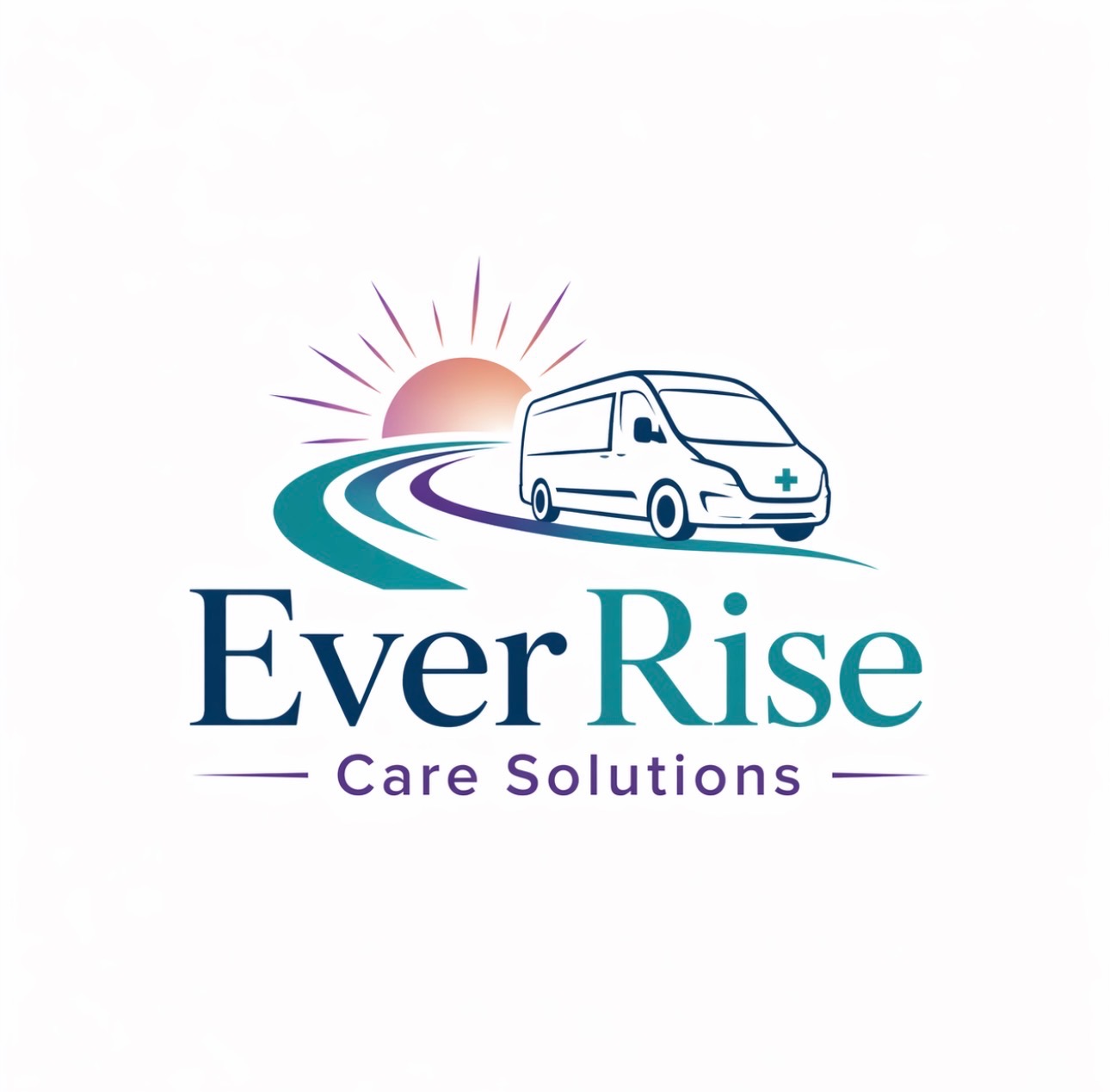 EverRise Care Solutions logo — sunrise over a road with a care transport van
