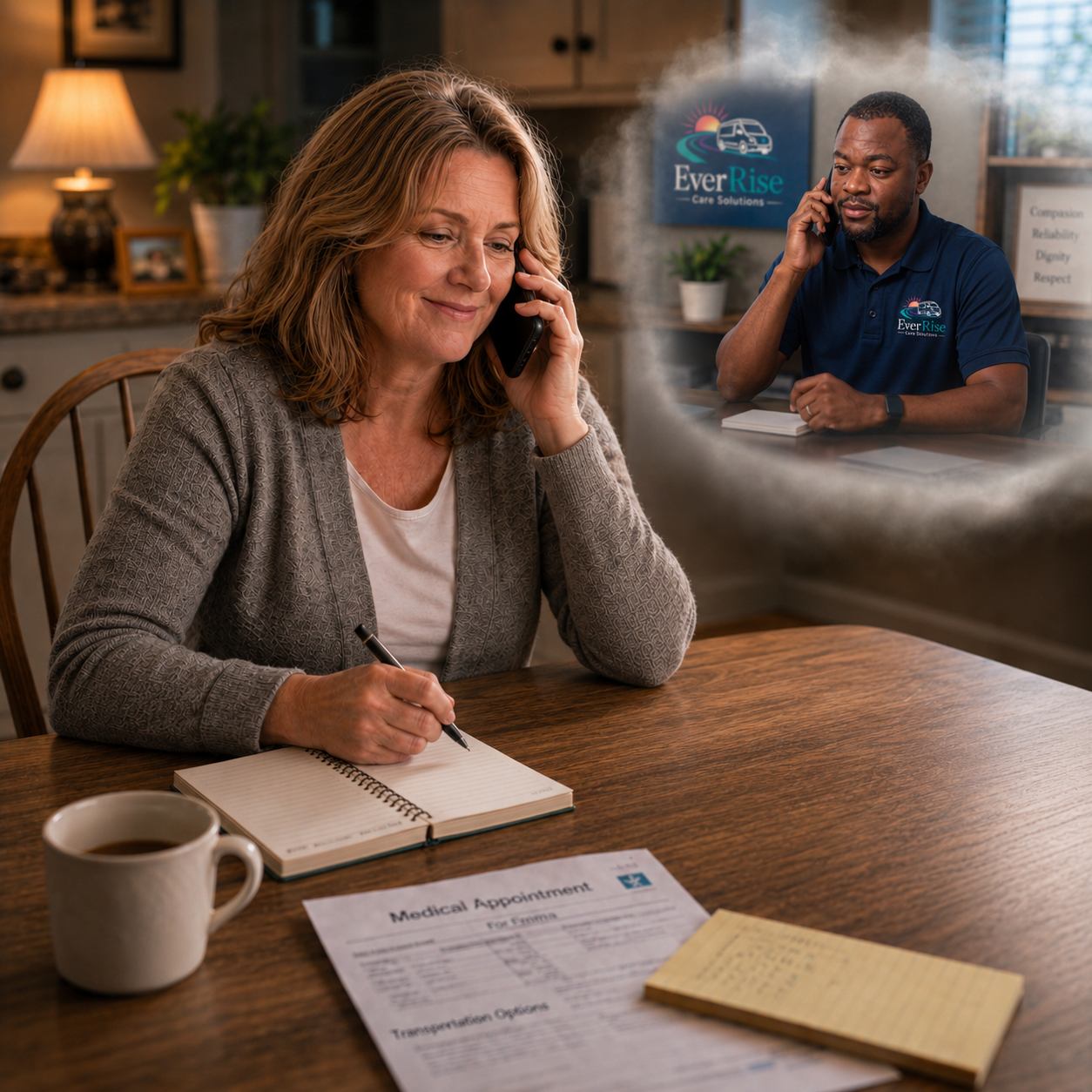 A caregiver relieved that appointment transportation is scheduled and handled