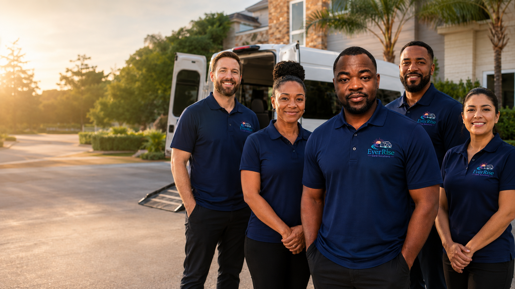 The EverRise Care Solutions transportation team standing in front of a company van