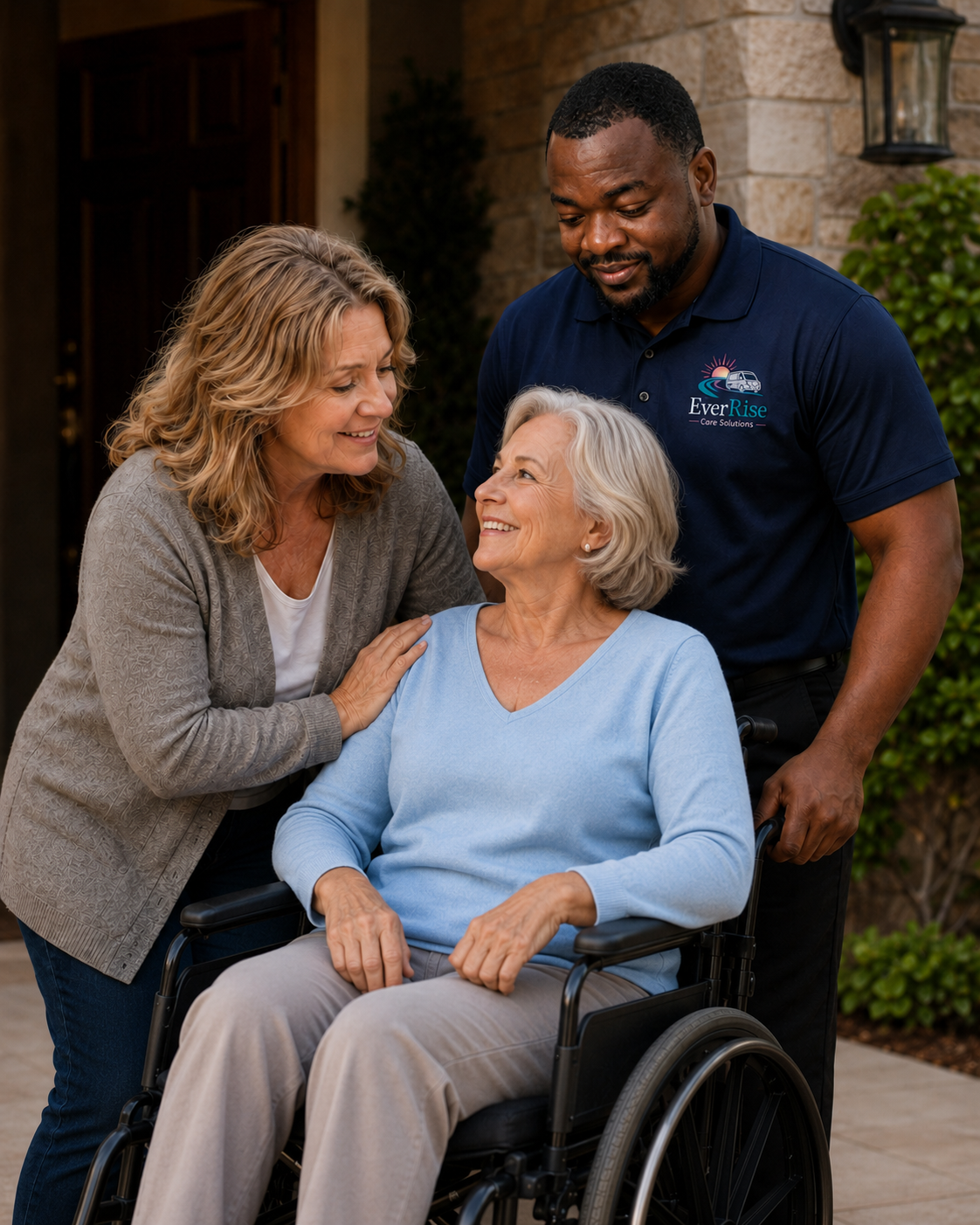 An EverRise Care Solutions driver with a smiling rider in a wheelchair and a family member at the front door of a home