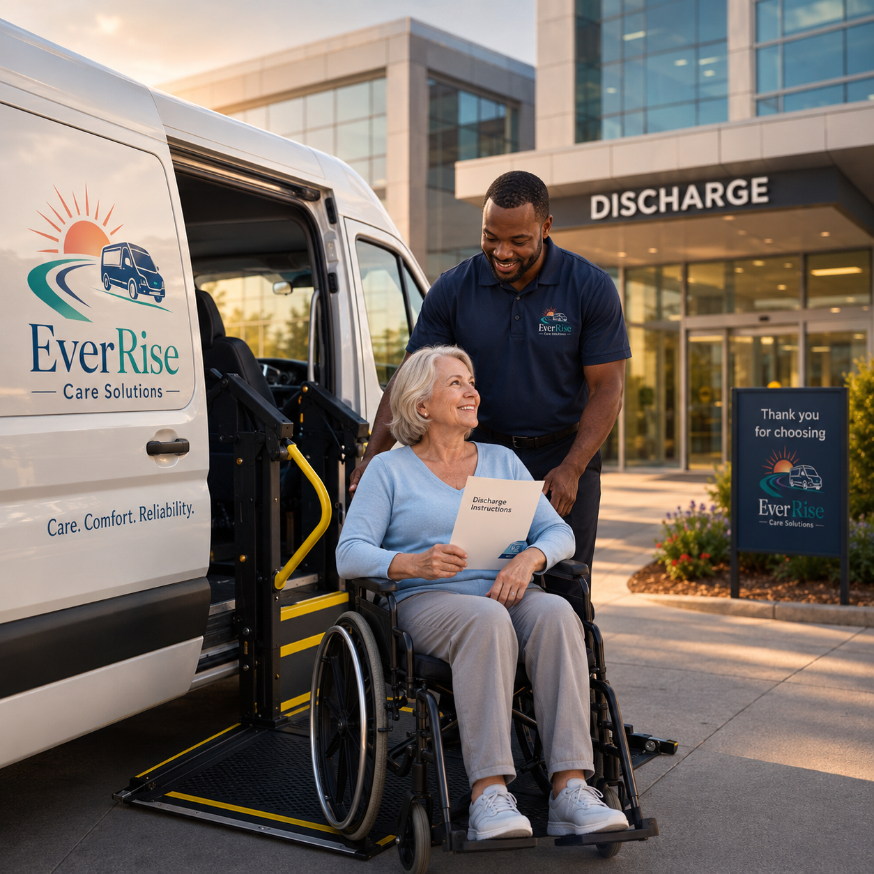 EverRise Care Solutions driver with a smiling rider in a wheelchair and a family member at home