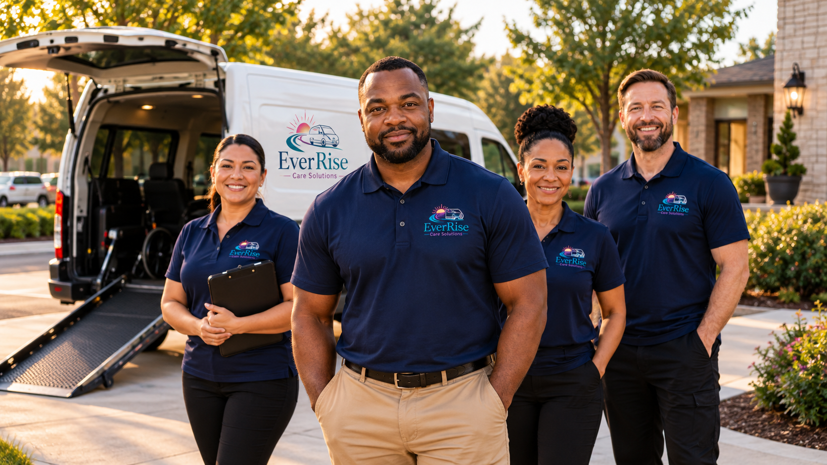 Diverse EverRise team in navy branded polos beside a white wheelchair-accessible EverRise van with its rear ramp deployed