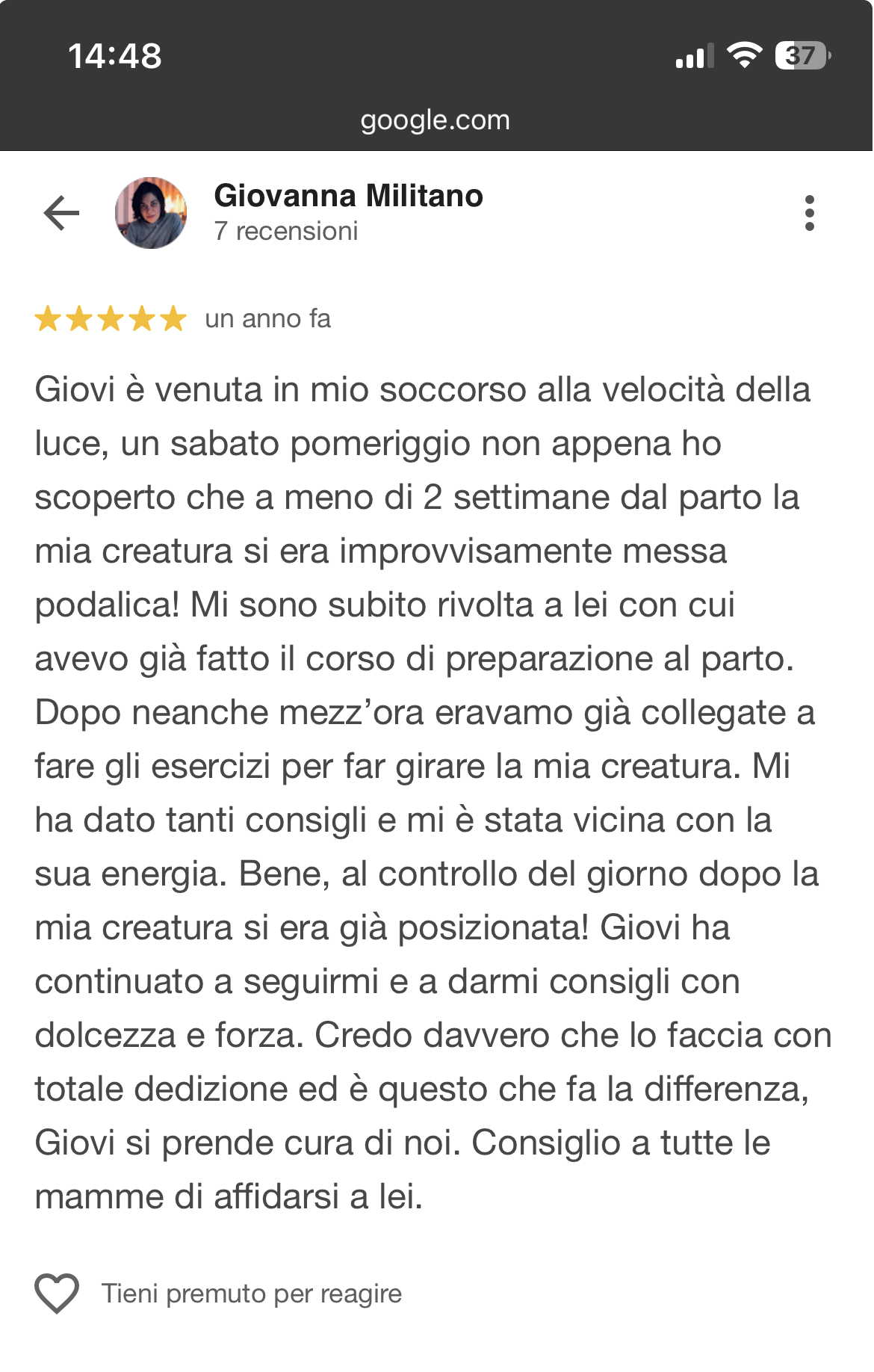 Recensione Google di una mamma sul percorso