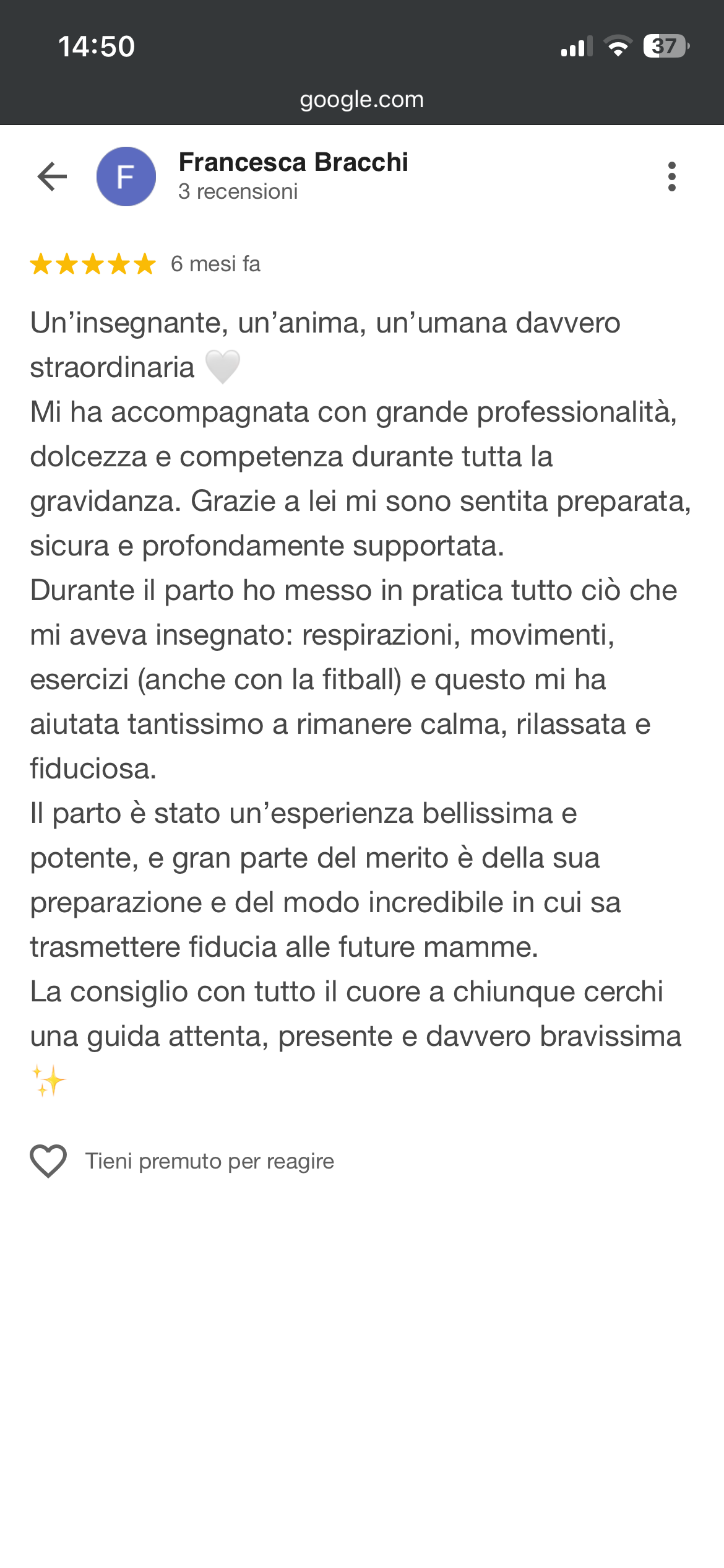 Recensione Google di una mamma sul percorso