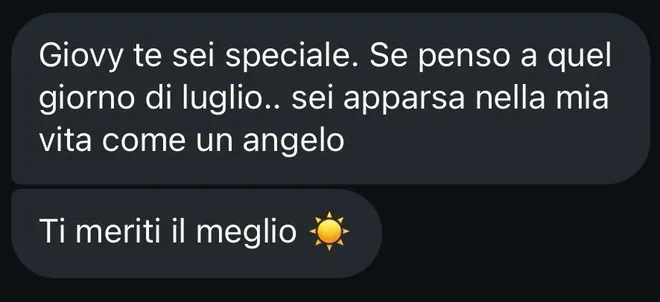 Messaggio ricevuto da una mamma: «Giovy te sei speciale. Se penso a quel giorno di luglio… sei apparsa nella mia vita come un angelo. Ti meriti il meglio».