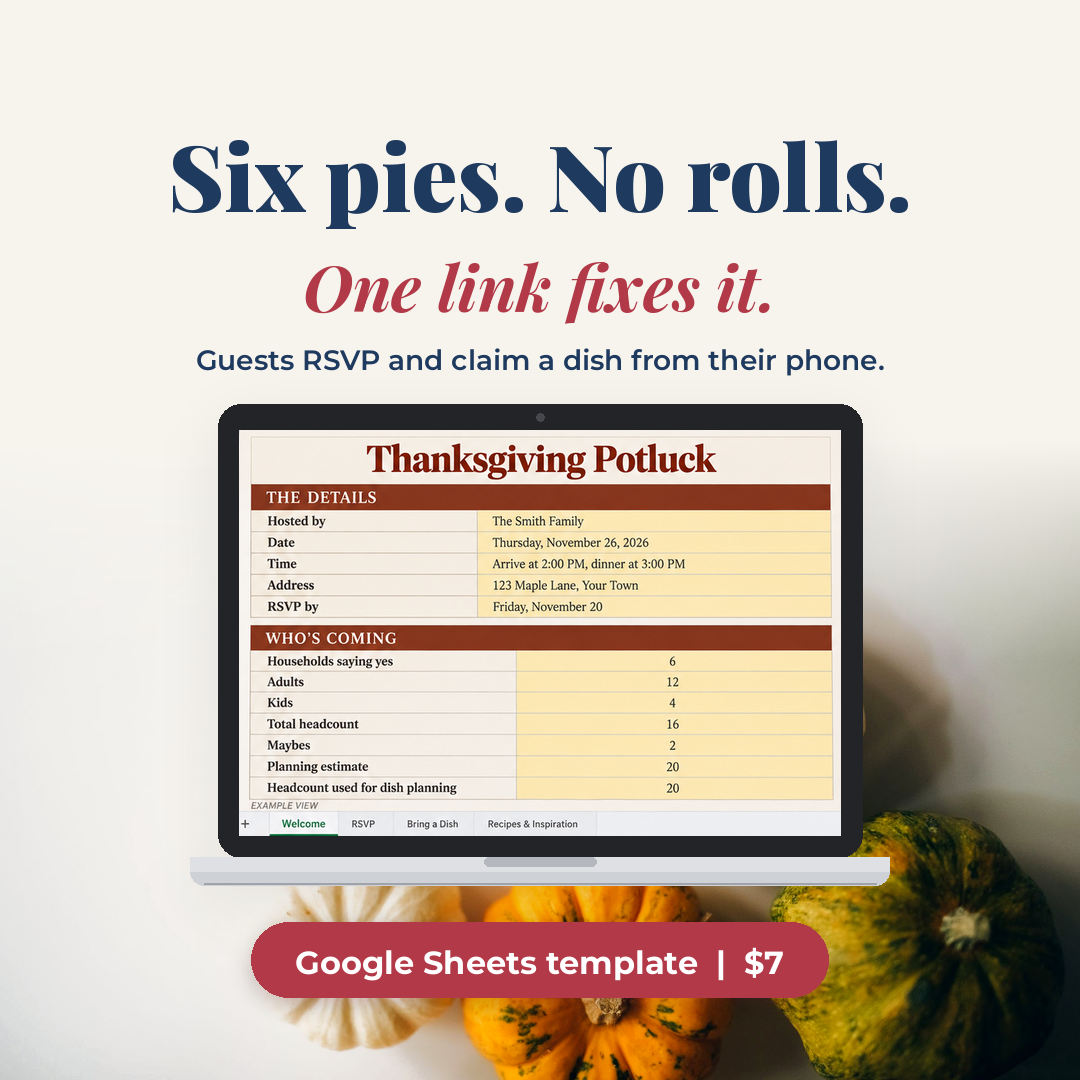 The Thanksgiving Potluck Google Sheets template open on a laptop, with pumpkins in the background The Thanksgiving Potluck Google Sheets template open on a laptop, with pumpkins in the background