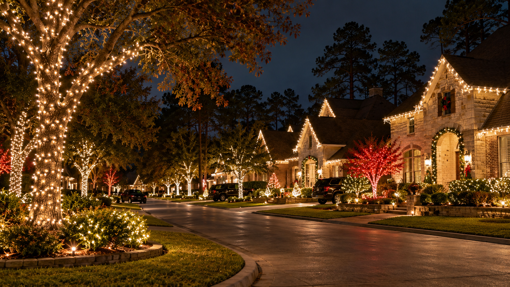 Suburban street at night with homes and trees wrapped in warm white and red Christmas lights