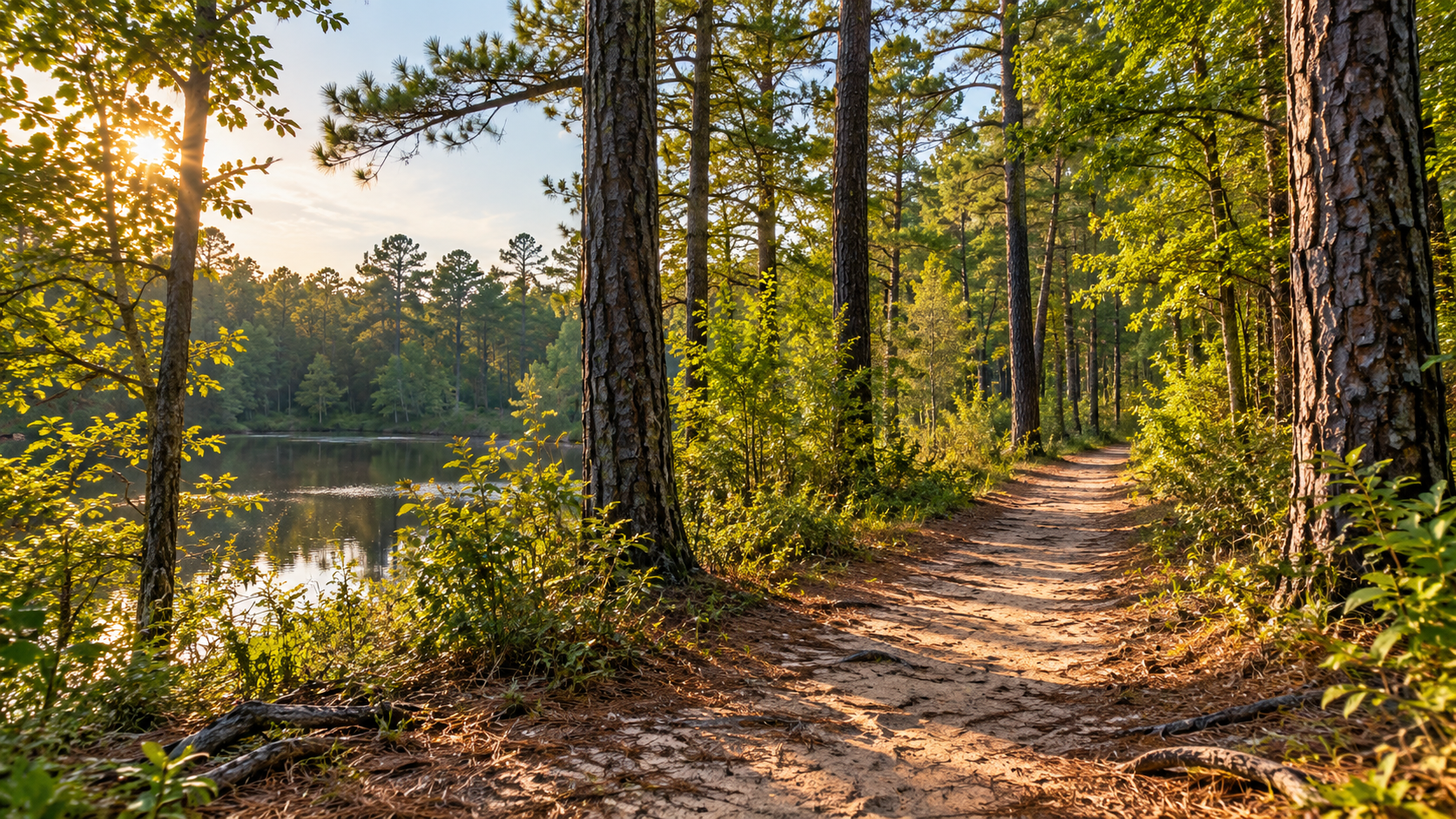 Sunlit dirt trail through a pine forest beside a lake