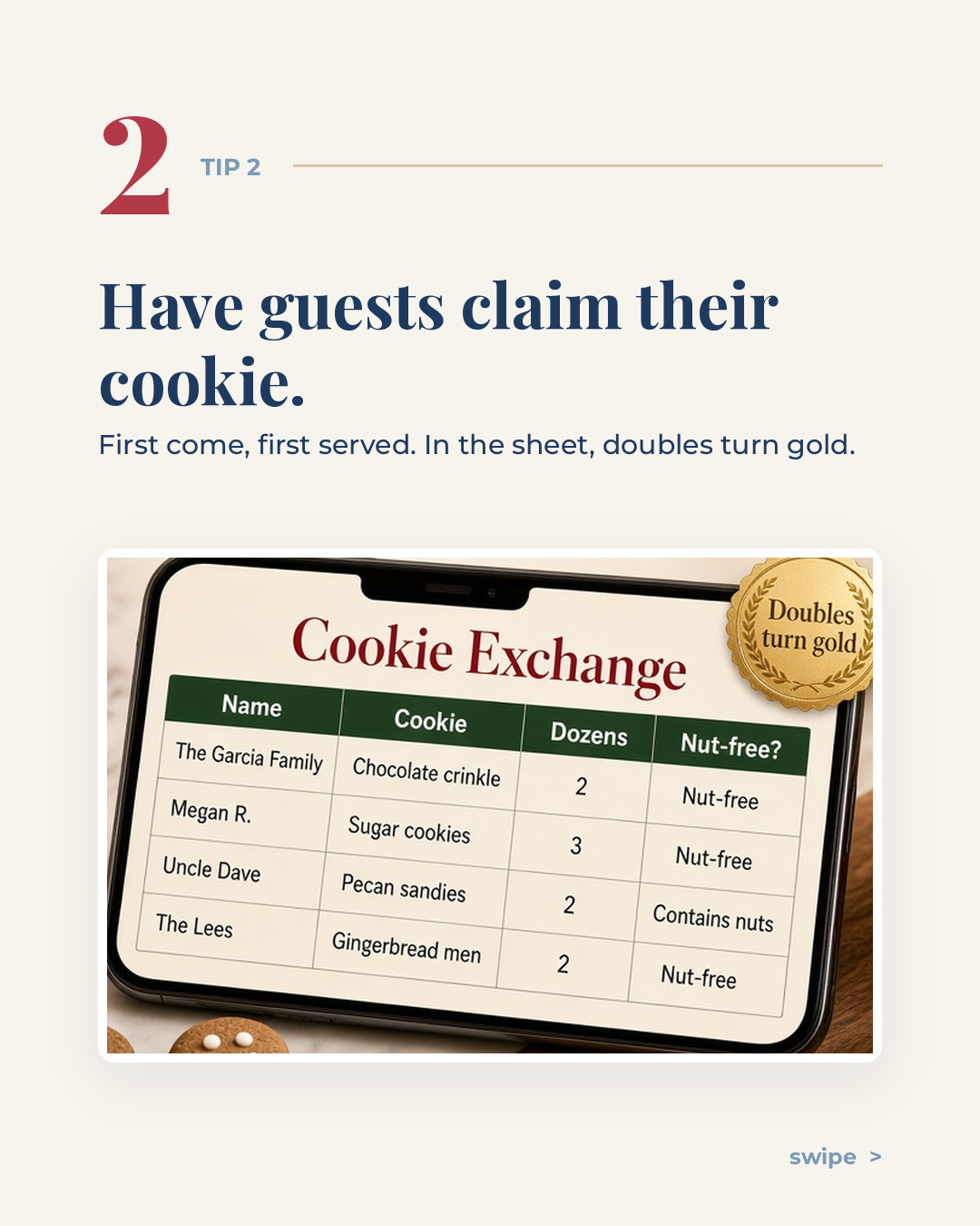 Phone screen showing the Cookie Exchange tab of a sign-up sheet, where guests list their cookie and duplicate cookies turn gold