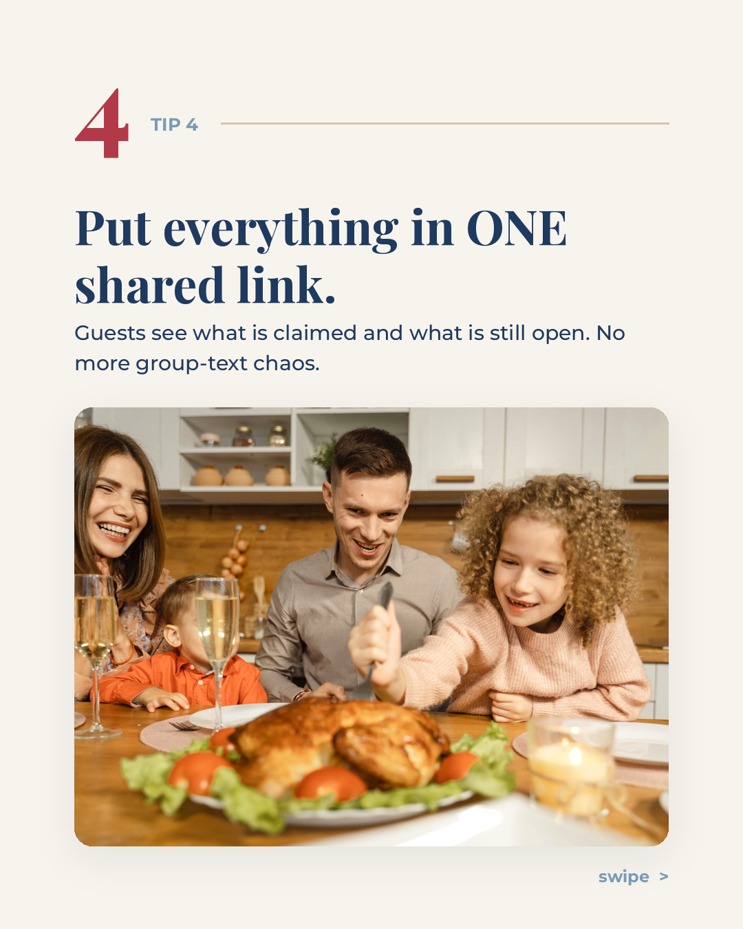 A smiling family gathered around a roast turkey at the dinner table, with the tip Put everything in one shared link A smiling family gathered around a roast turkey at the dinner table, with the tip Put everything in one shared link