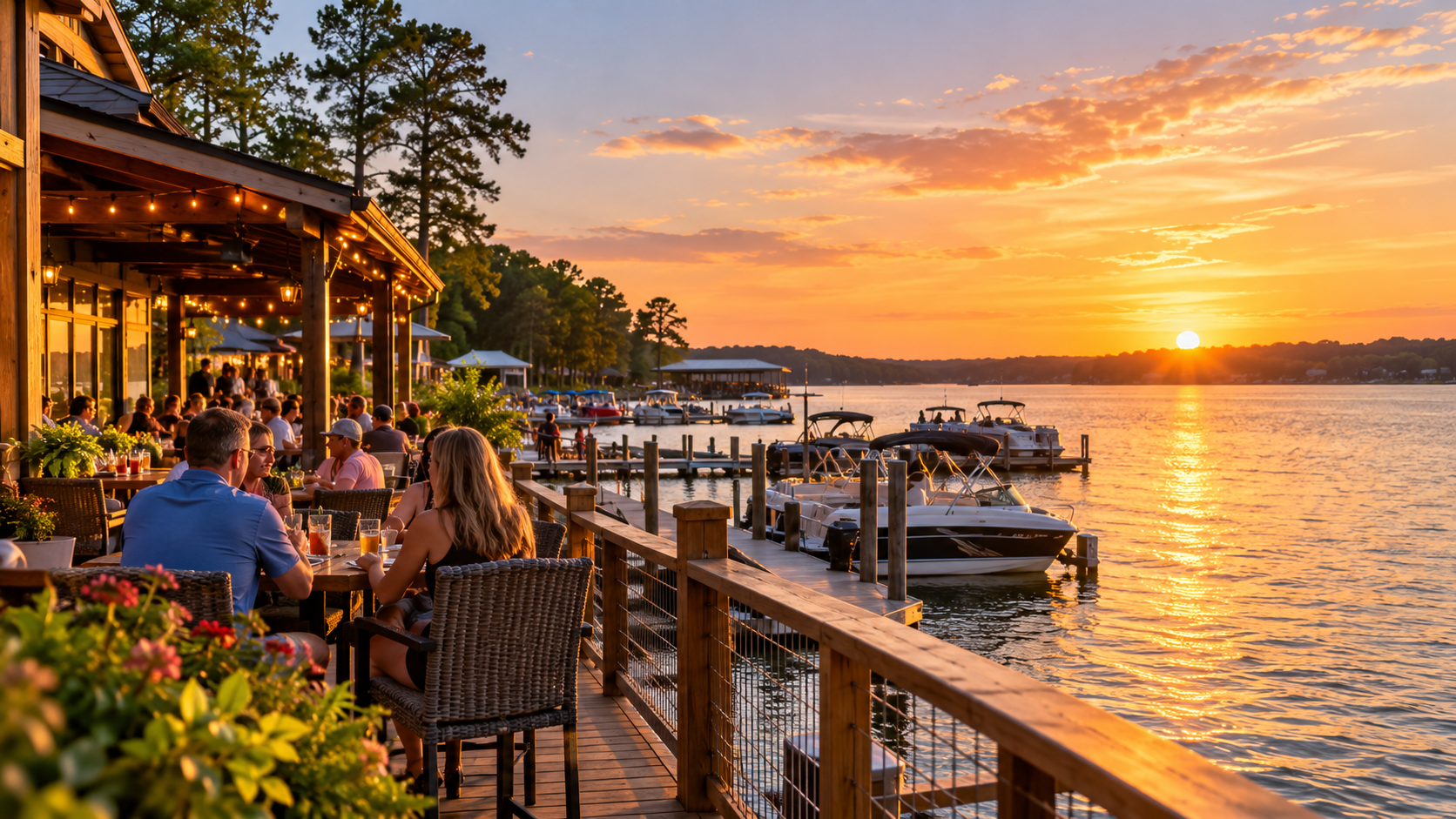 Diners on a lakeside restaurant deck at sunset with boats docked along the water