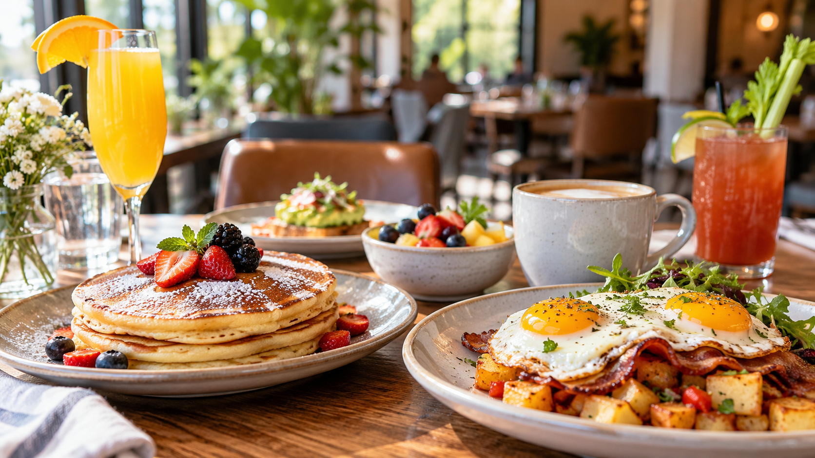 Brunch table with pancakes and berries, eggs, potatoes, coffee and a mimosa